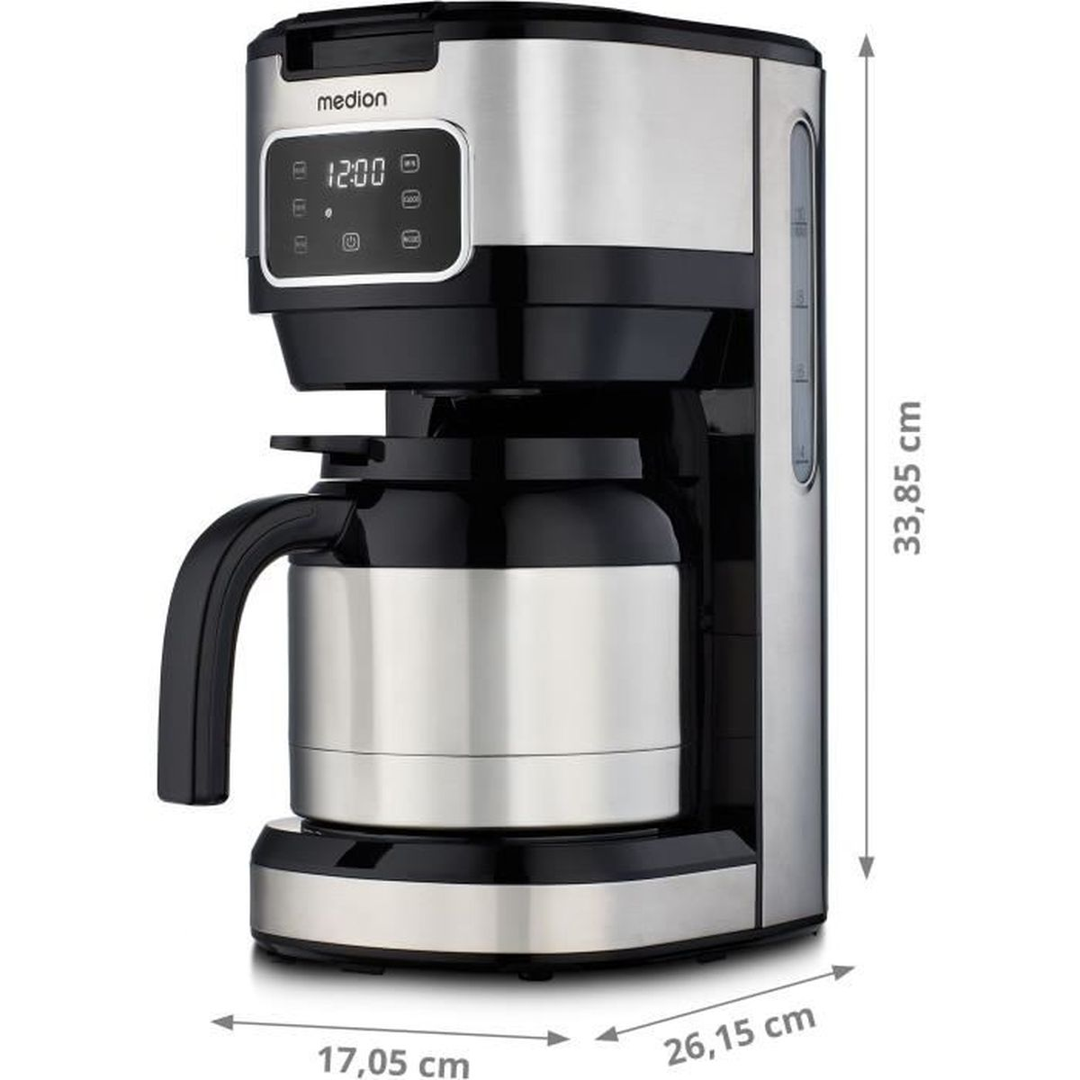 Macchina da caffè Medion con caraffa termica, display digitale e misure.