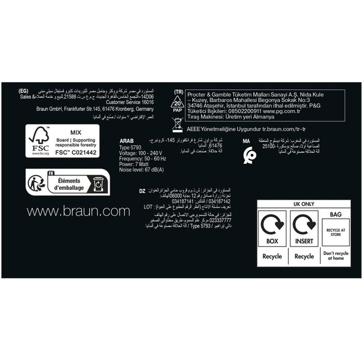 Informations produit Braun avec logos FSC, recyclage et éléments d'emballage.