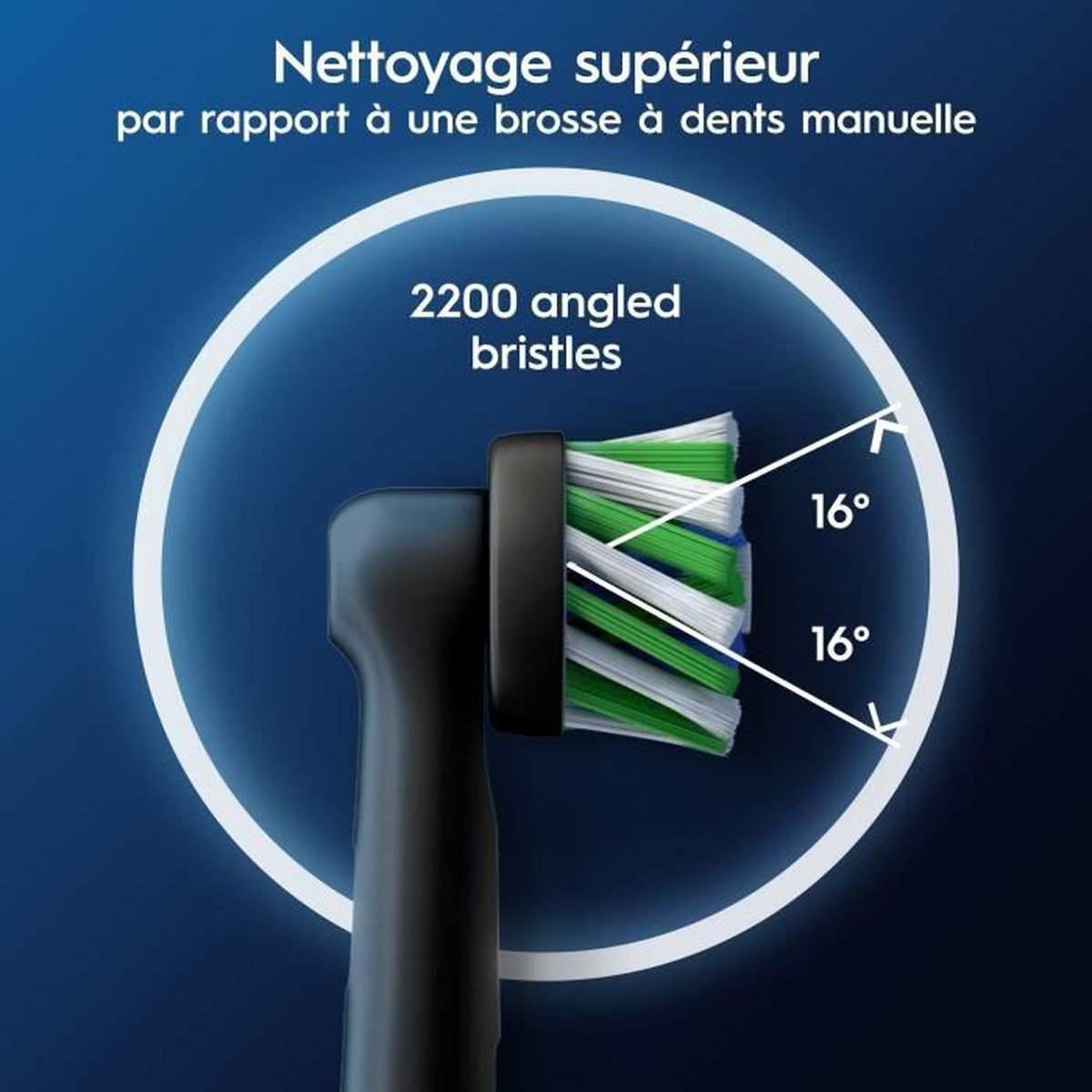 Spazzolino elettrico con 2200 setole angolate a 16°.