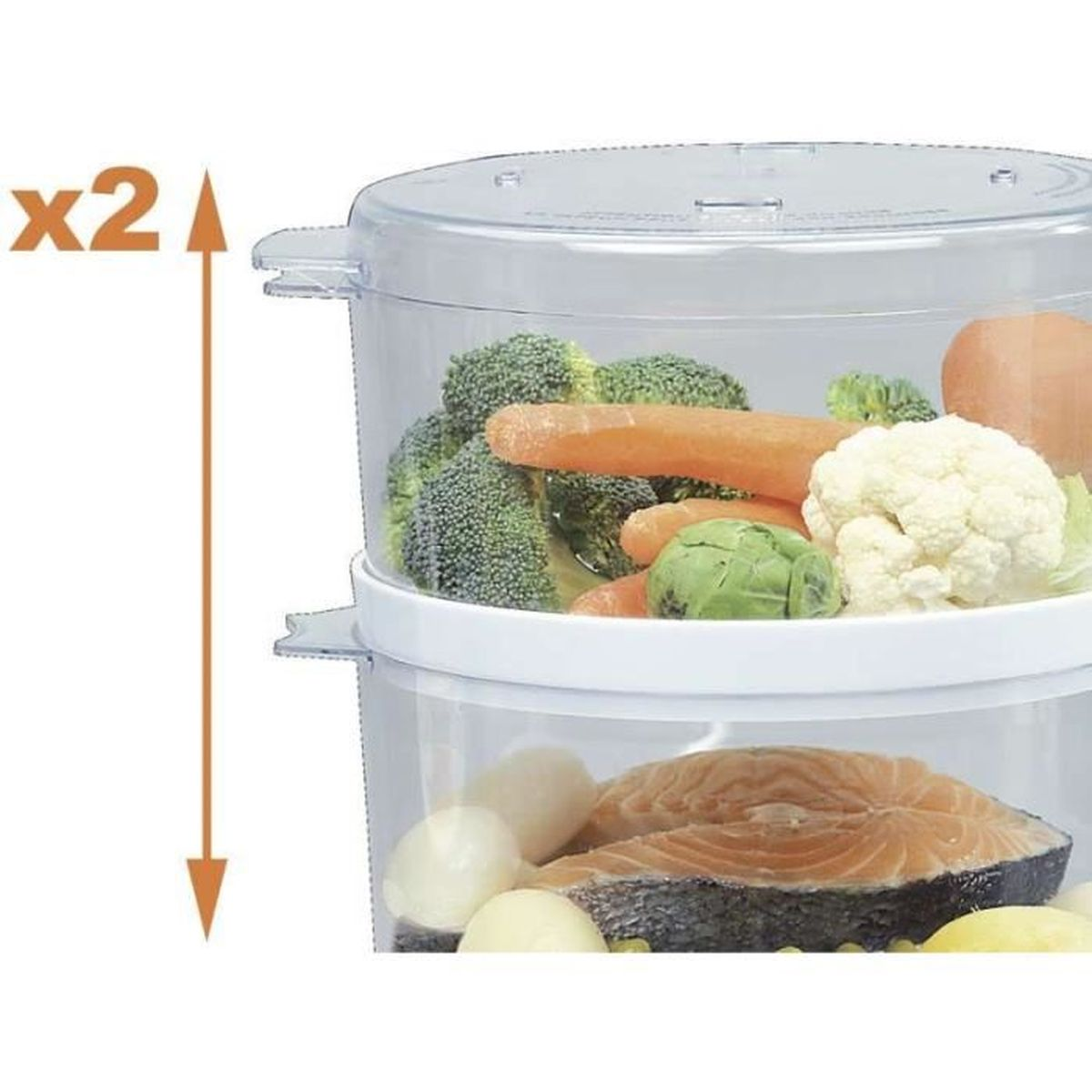 Vaporiera con salmone e verdure: broccoli, carote e cavolfiore.