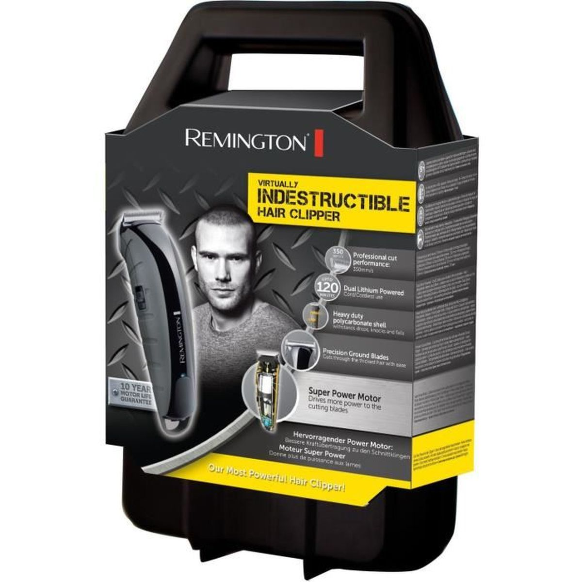 Embalaje cortapelos Remington Indestructible con imagen de hombre y detalles.