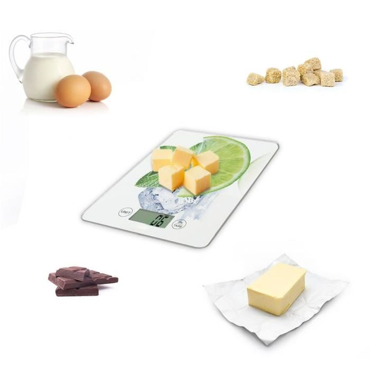 Zutaten für Backen: Milch, Eier, Würfelzucker, Butter, Schokolade, Küchenwaage.
