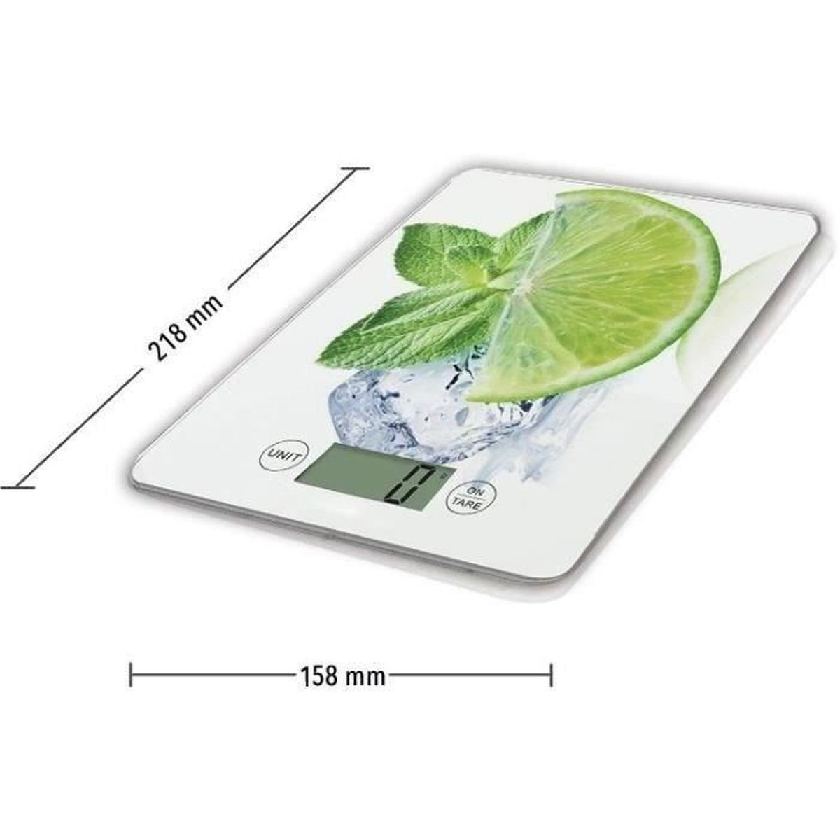 Eine digitale Küchenwaage mit einem Bild von Limette und Minze auf Eis.