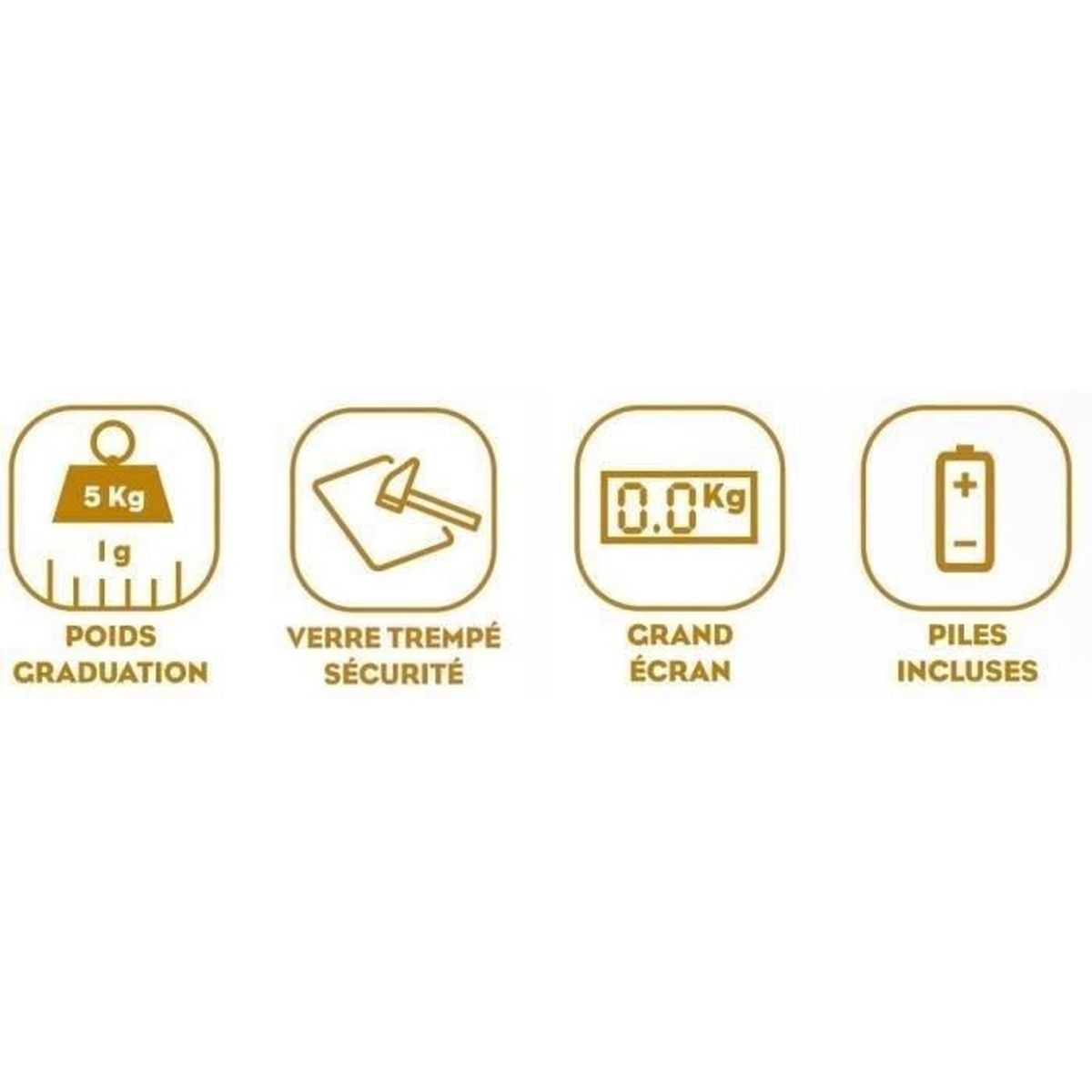 Symbole: 5kg/1g Gewicht, Sicherheitsglas, 0.0kg Anzeige, Batterien enthalten.