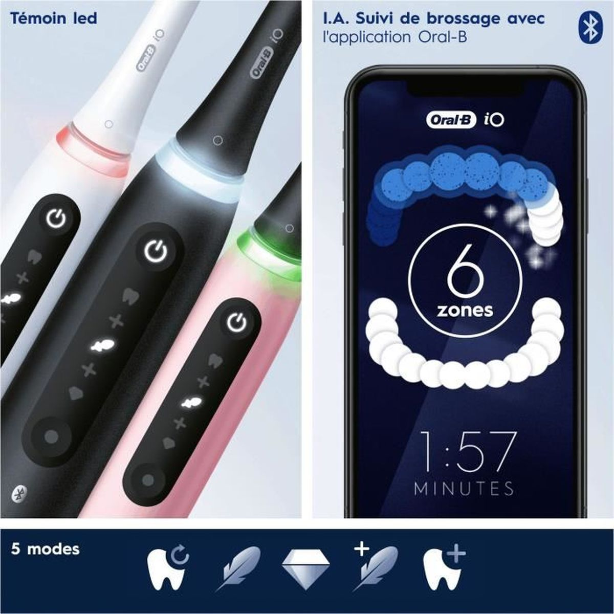 Drei elektrische Zahnbürsten in Schwarz, Weiß und Rosa mit Lichtern. Eine App zeigt 6 Zonen und 1:57 an.
