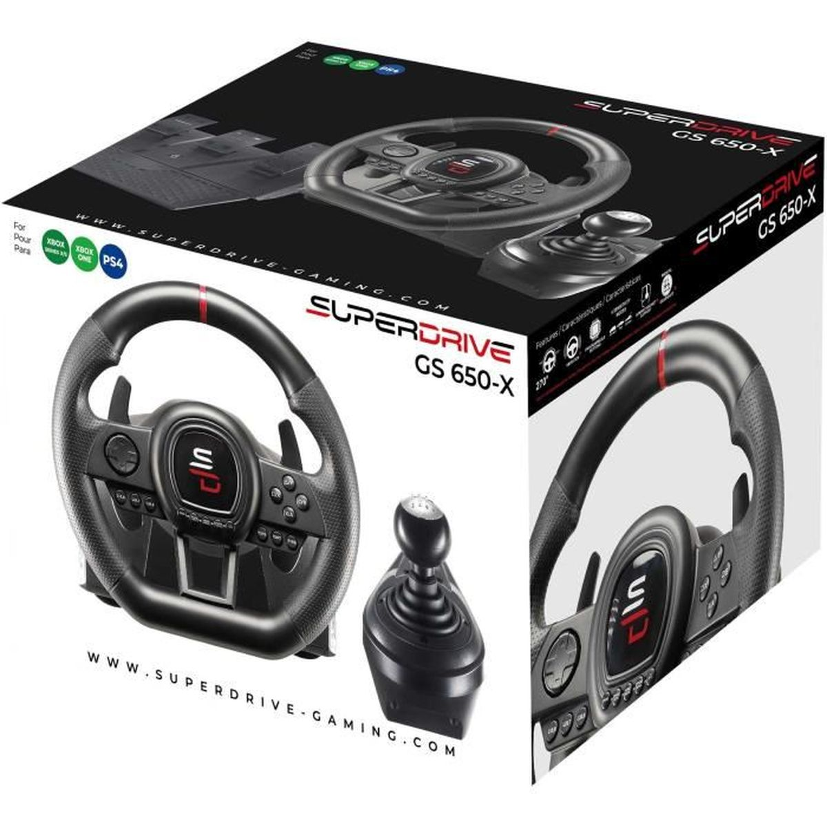 Czarna kierownica i dźwignia zmiany biegów do gier na pudełku.