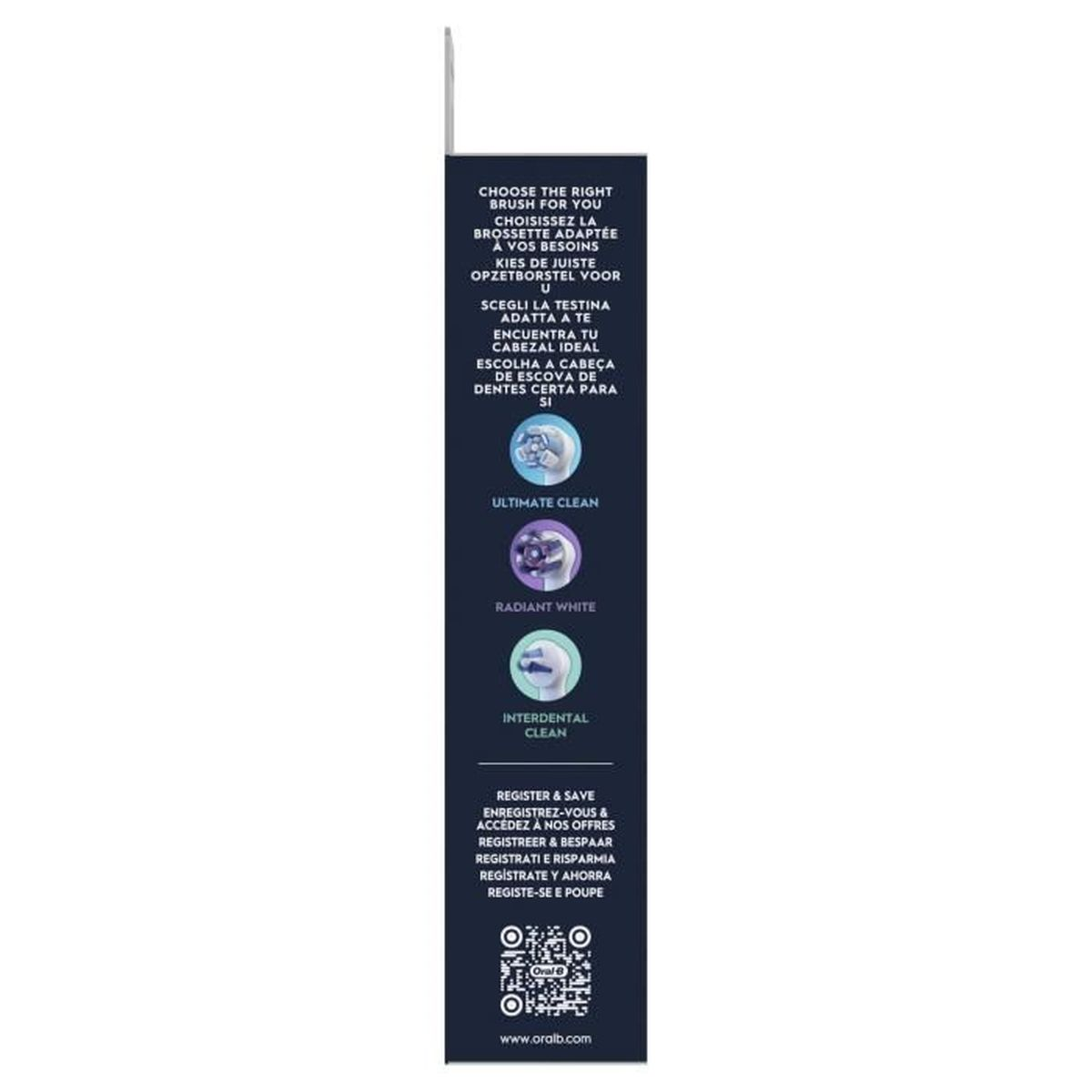 Verpackung mit Bürstenkopf-Optionen: Ultimate Clean, Radiant White, Interdental Clean.