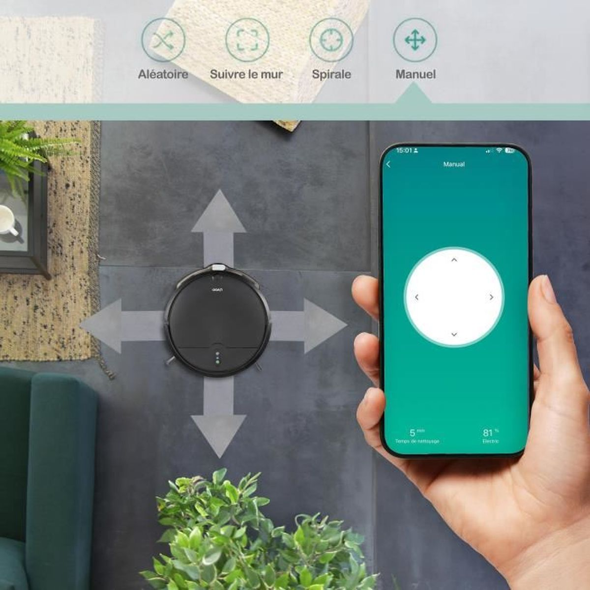 Ein schwarzer Saugroboter wird von einem Smartphone mit einer Steuerung-App ferngesteuert.