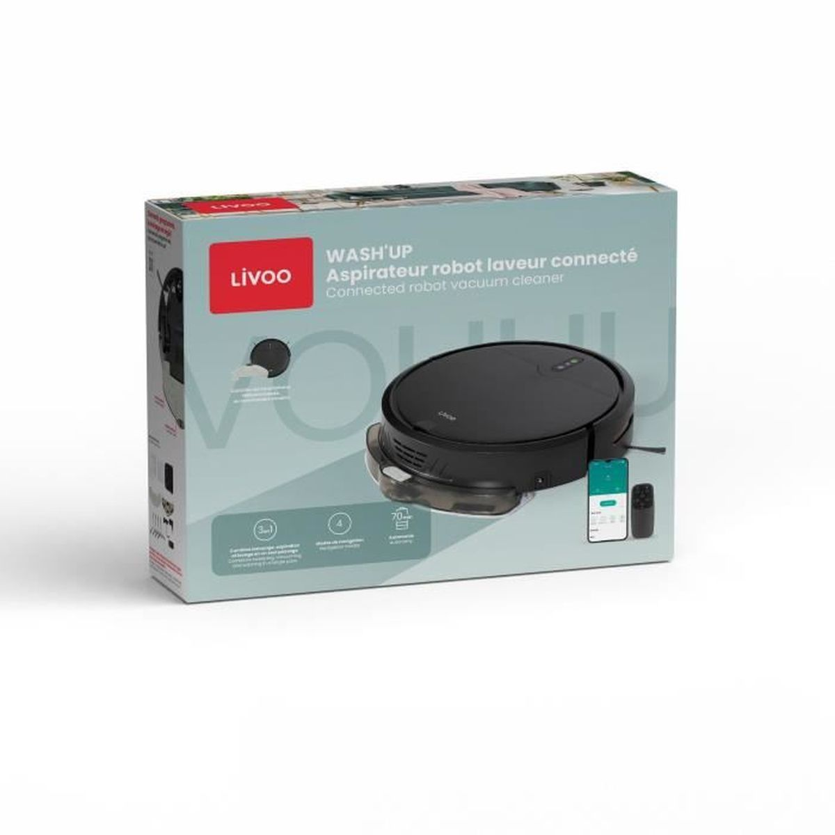 Verpackung eines schwarzen Saugroboters mit Smartphone und Fernbedienung.