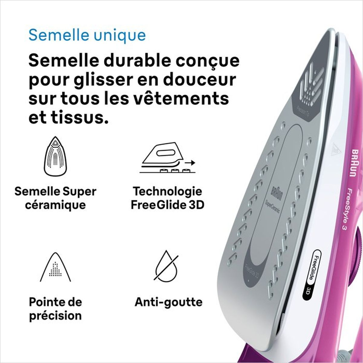 Bügeleisen mit Keramiksohle, präziser Spitze und Anti-Tropf-Funktion.