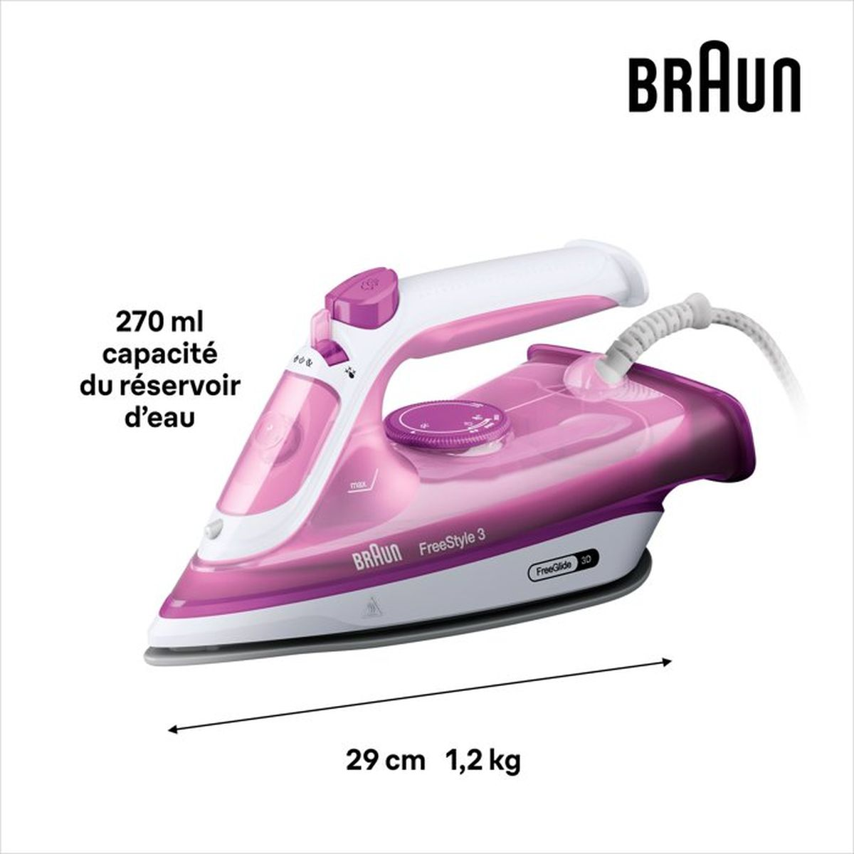 Ein pinker Braun Bügeleisen mit 270 ml Wassertank, 29 cm lang und 1,2 kg schwer.