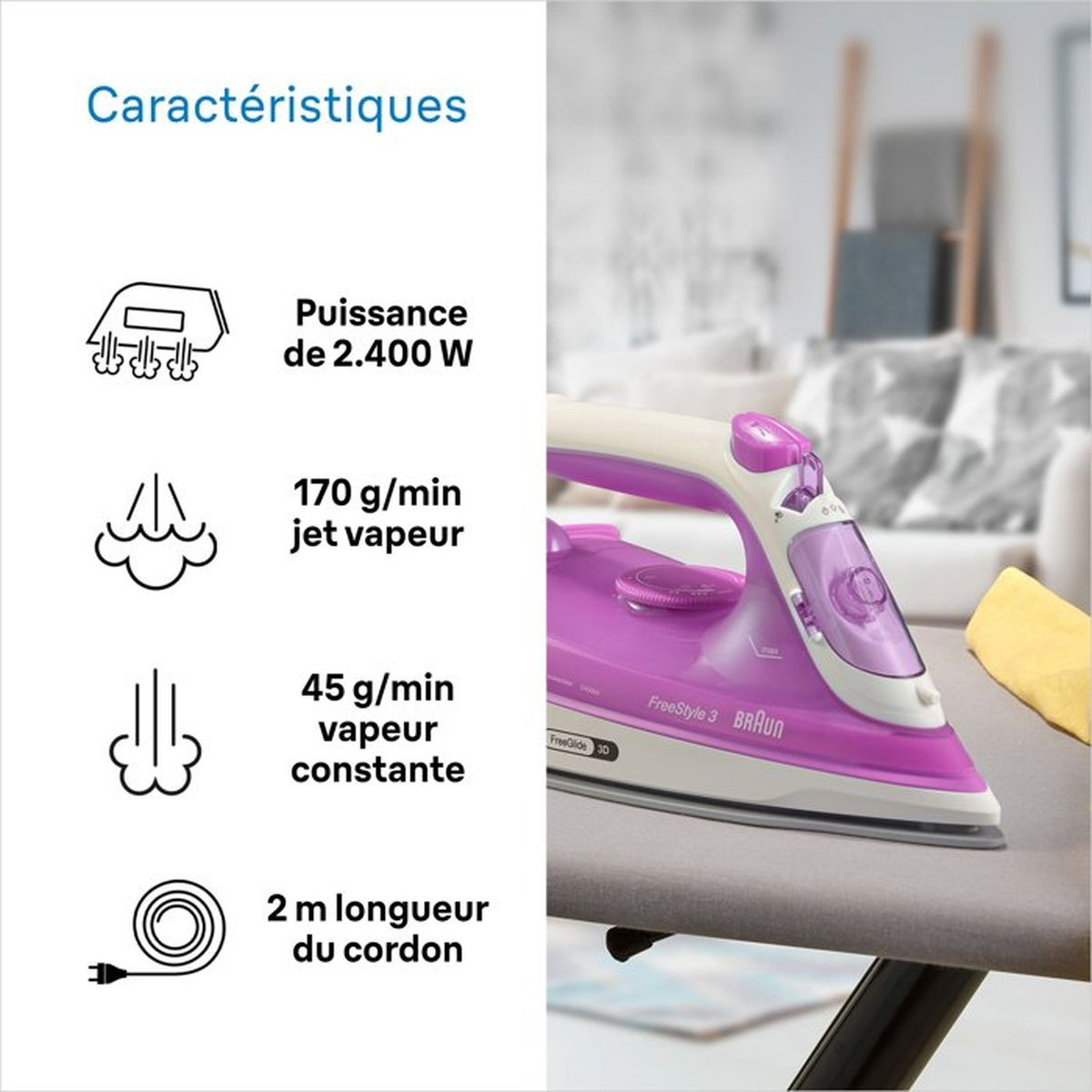 Lila Bügeleisen mit technischen Daten: 2400W, 170g/min Dampfstoß, 45g/min Dampf.