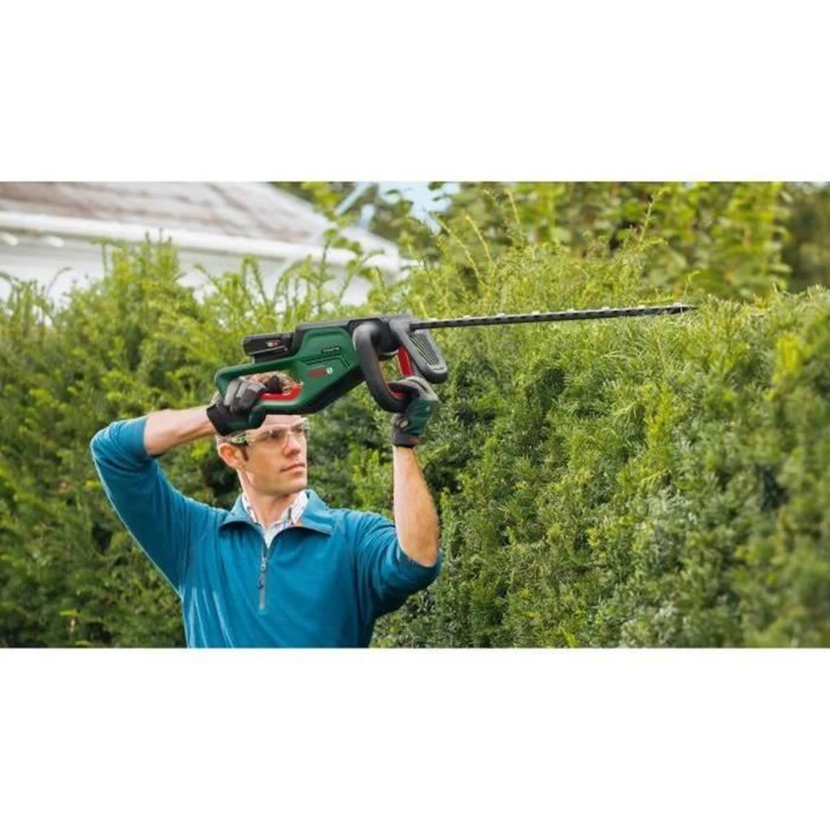Hombre con cortasetos recorta arbusto verde.