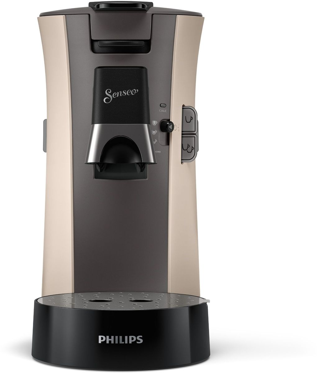 Eine beigefarbene und anthrazitfarbene Senseo-Kaffeemaschine mit Philips-Logo.