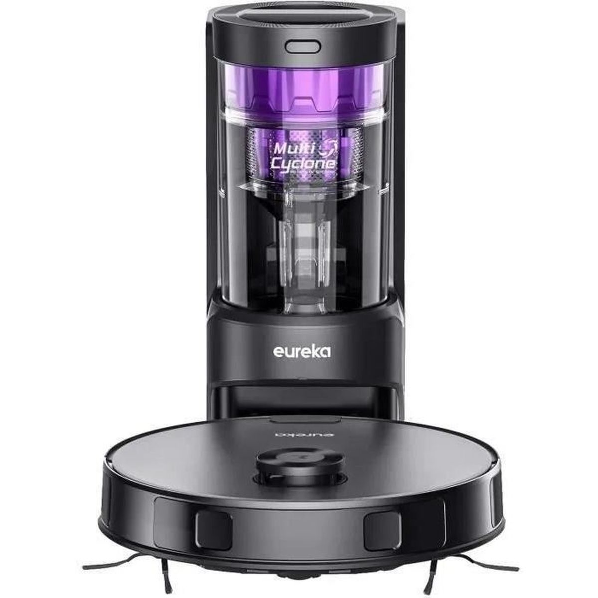 Schwarzer Roboterstaubsauger mit violettem Zyklon-Behälter und Eureka-Logo.