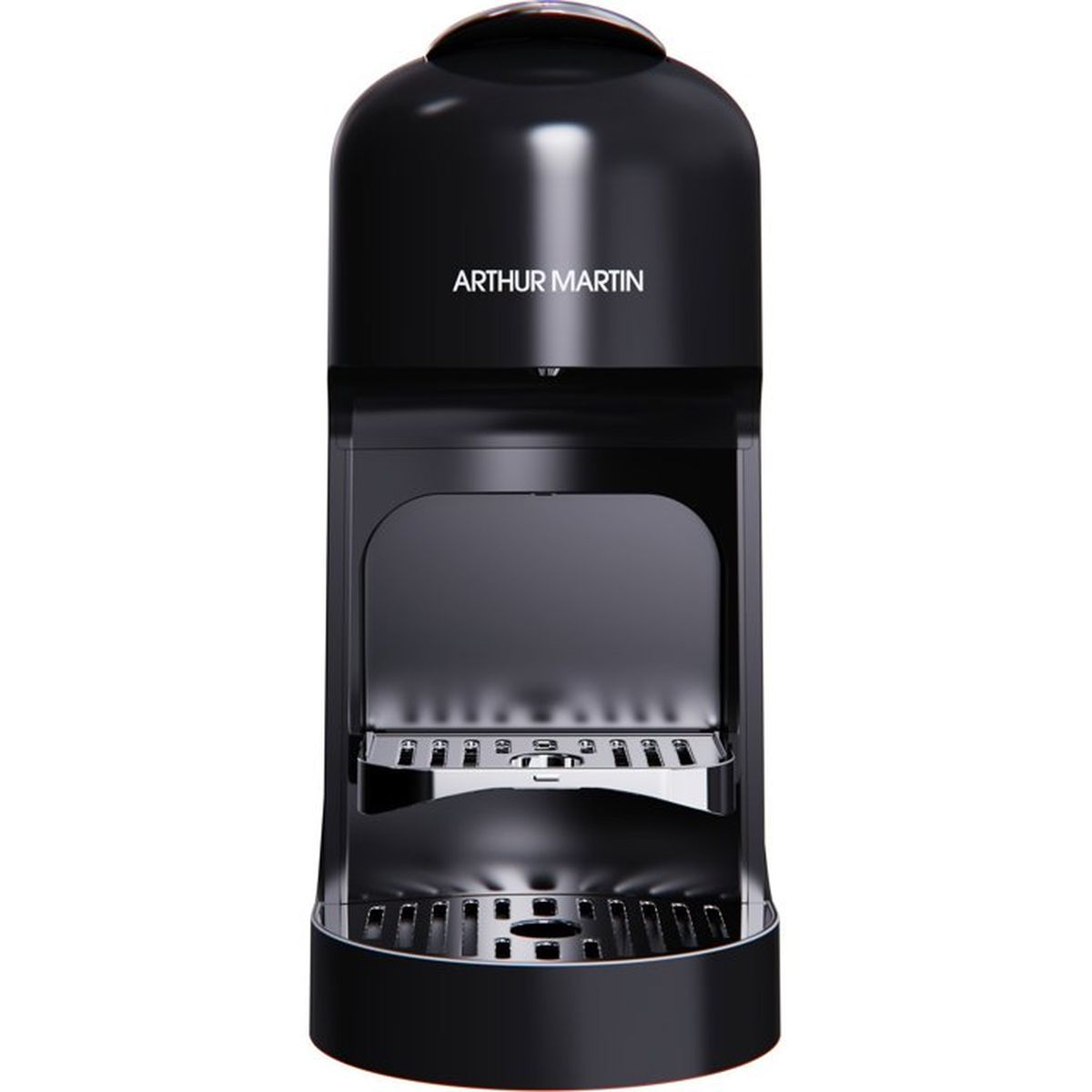 Macchina da caffè nera Arthur Martin, design moderno con vaschetta raccogligocce.