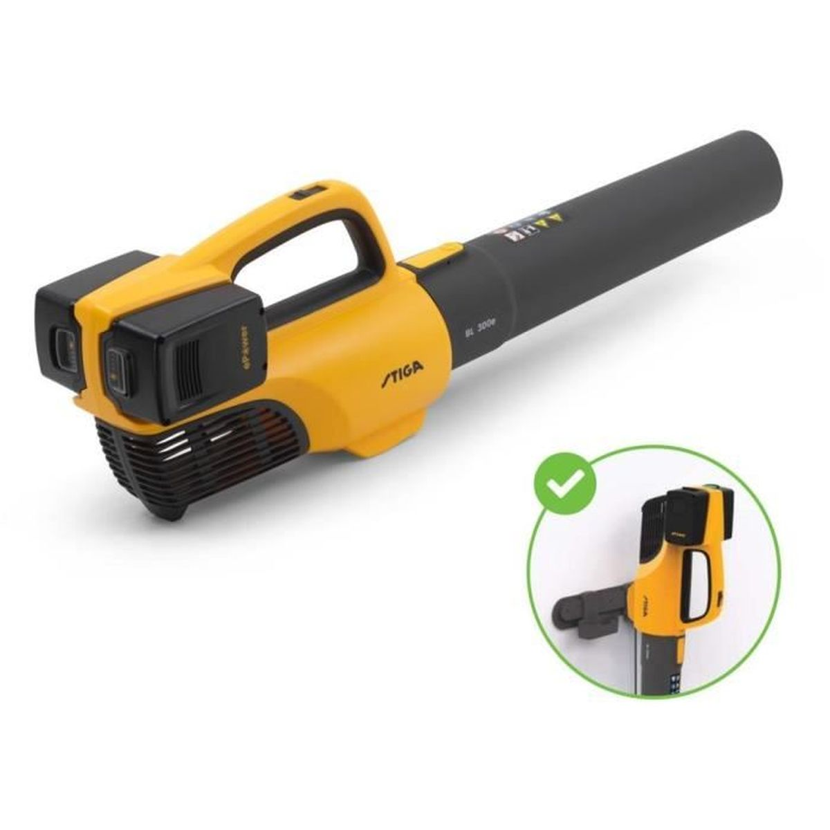 Żółto-czarna dmuchawa do liści STIGA z dwoma komorami na baterie i czarną dyszą.