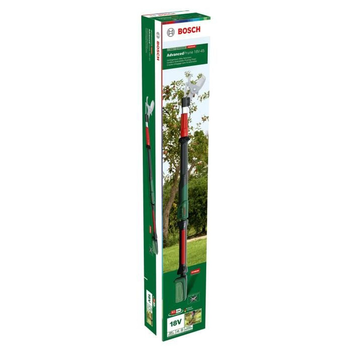 Bosch teleskopik budama makası, kırmızı ve yeşil, arkada ağaç.