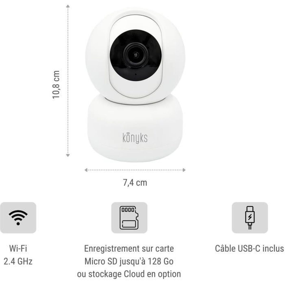 Weiße Überwachungskamera, 10,8 x 7,4 cm, mit Wi-Fi, SD-Karte und USB-C.