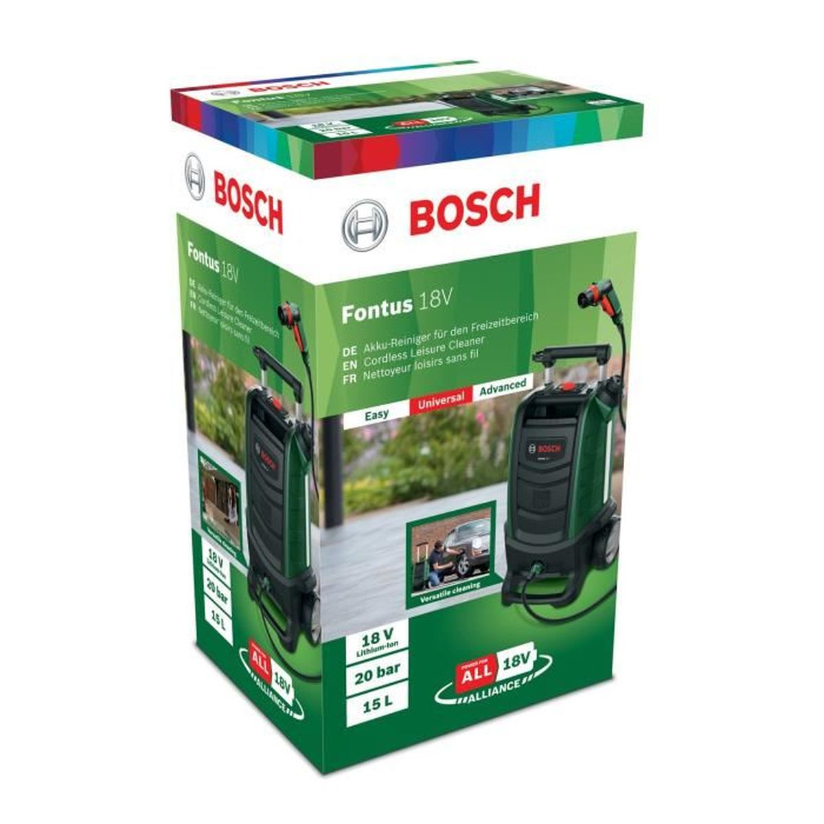 Boîte de nettoyeur sans fil Bosch Fontus 18V avec images produit et spécifications.