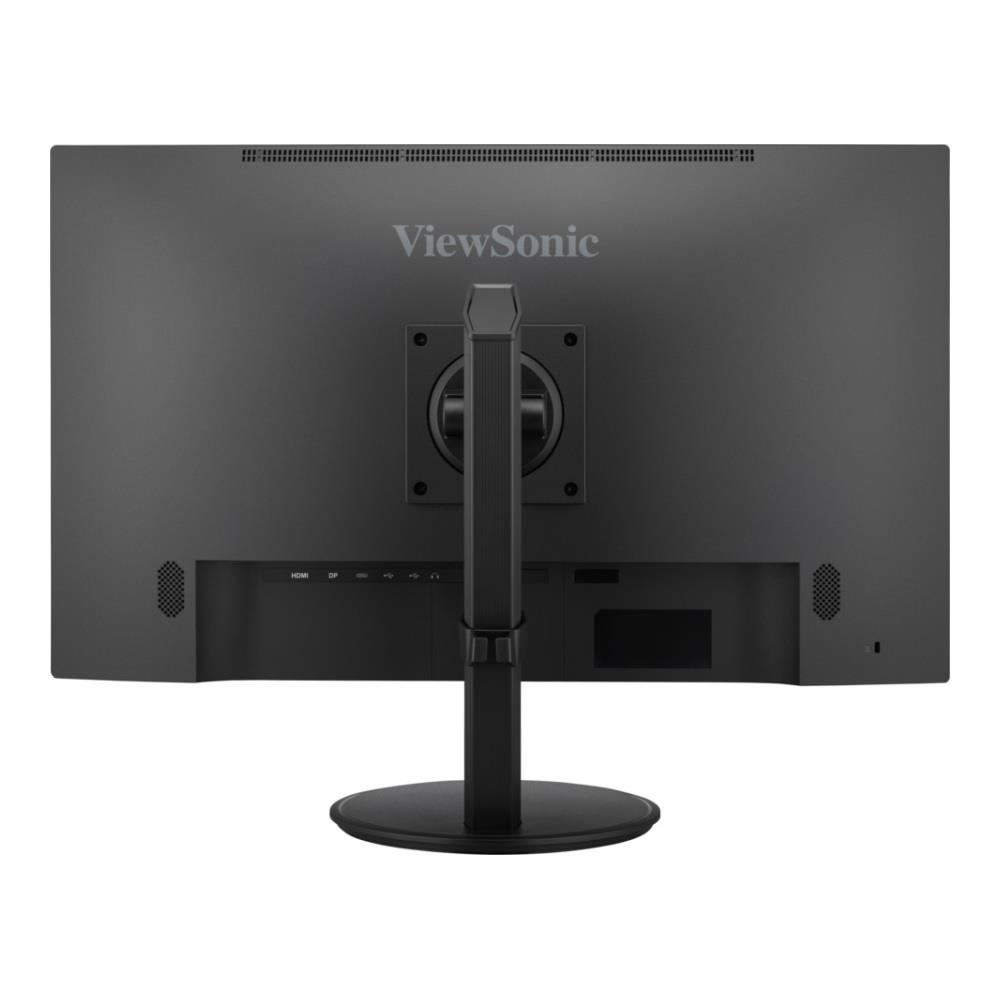 Achterkant van een zwarte ViewSonic monitor met standaard en zichtbare poorten.