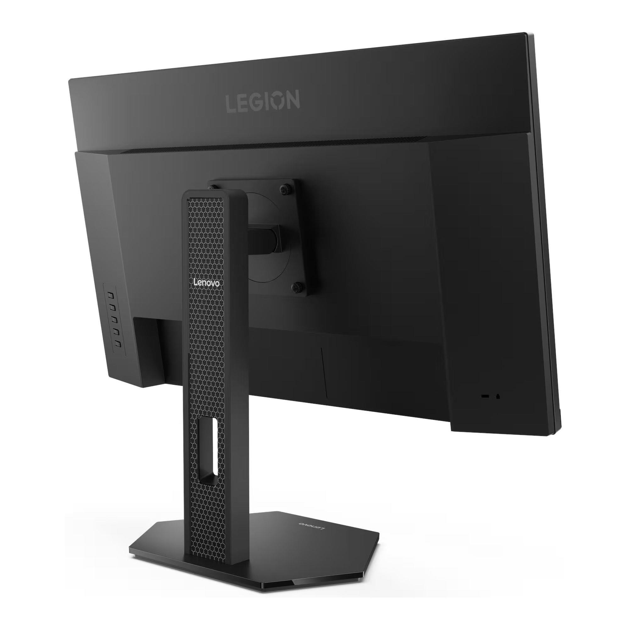 Tył czarnego monitora Lenovo Legion z srebrnym logo.