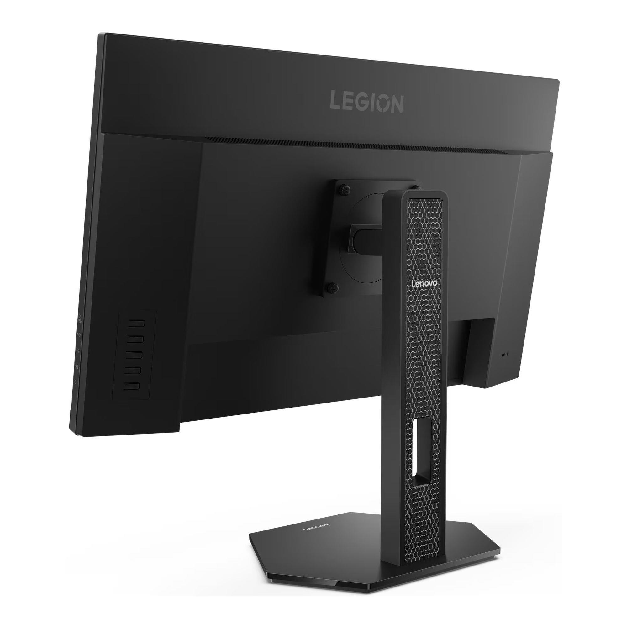Tył czarnego monitora Lenovo Legion ze stojakiem i otworami wentylacyjnymi.