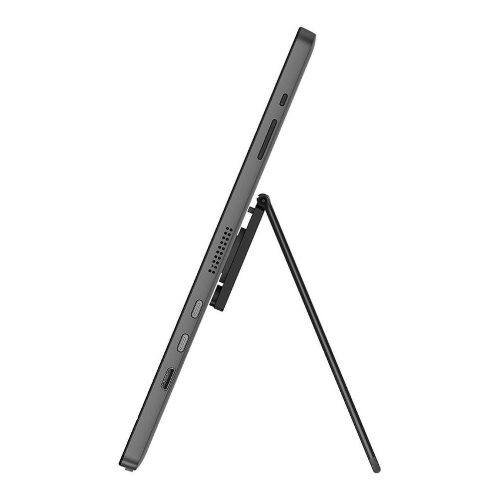 Ciemny tablet z podpórką, widziany z boku.