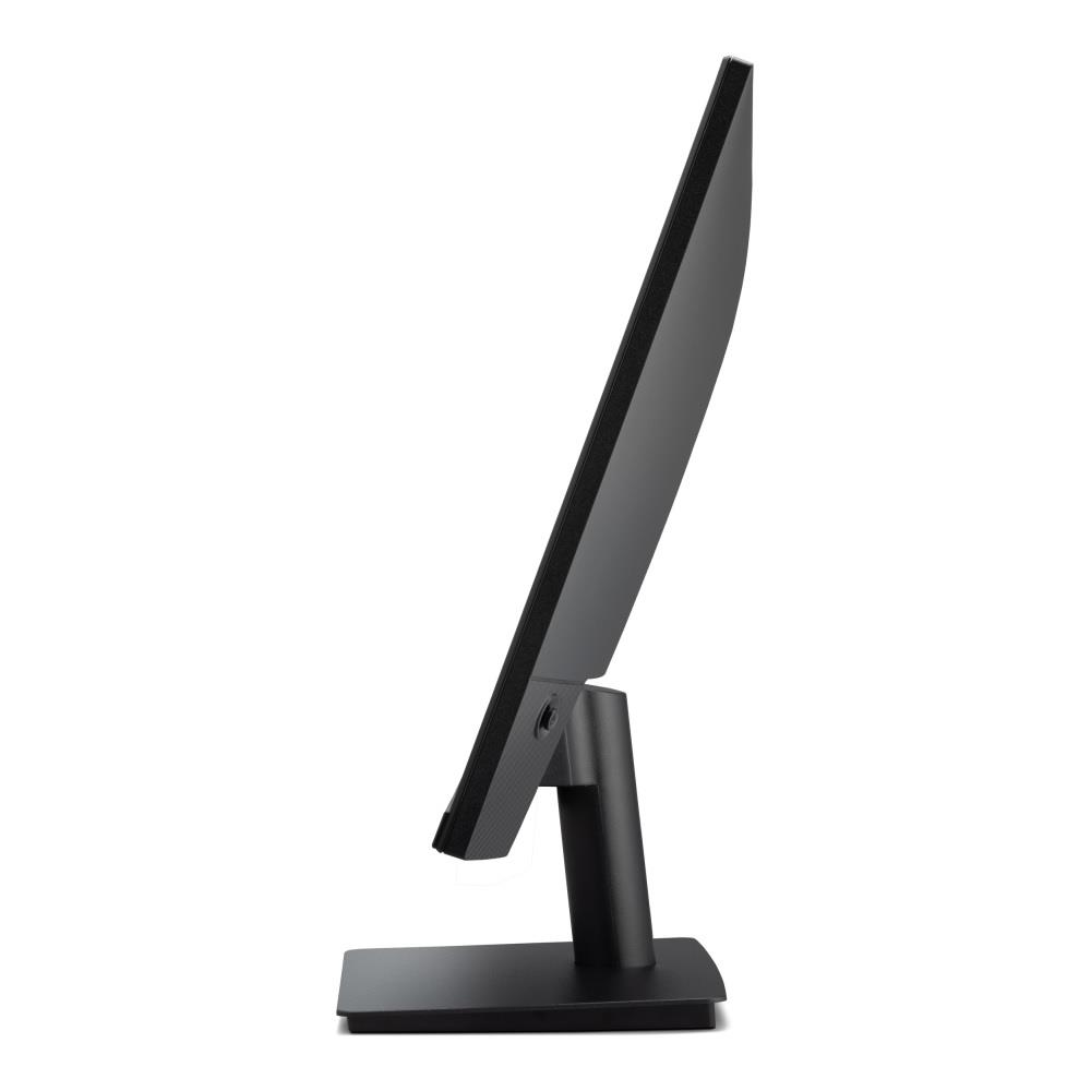 Czarny monitor komputerowy z podstawką pokazany z boku na białym tle.