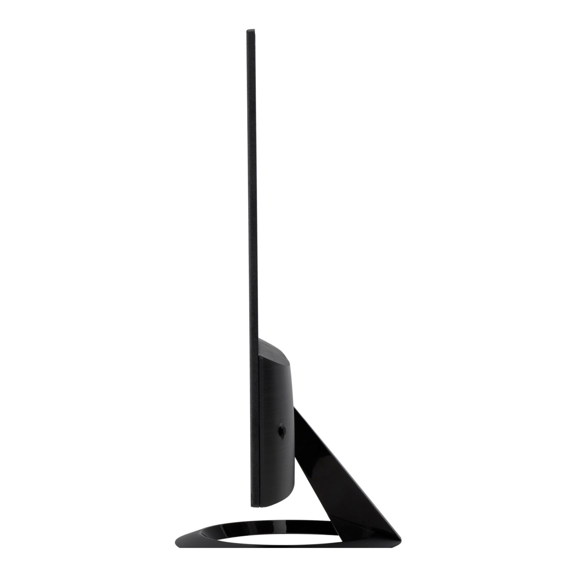 Een zwarte monitor met een slank profiel en gebogen standaard.
