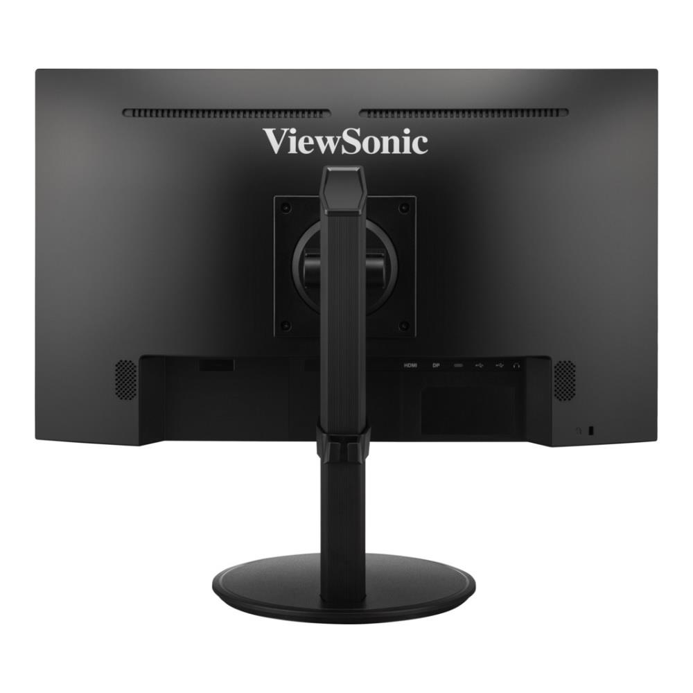 Tył czarnego monitora ViewSonic ze stojakiem i portami.