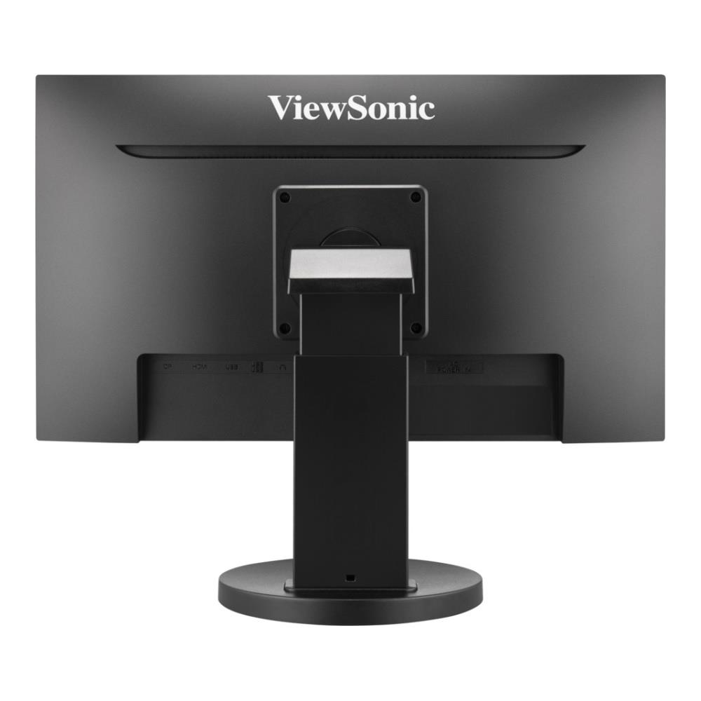 Tył czarnego monitora ViewSonic z portami i podstawką. Widoczne logo ViewSonic.