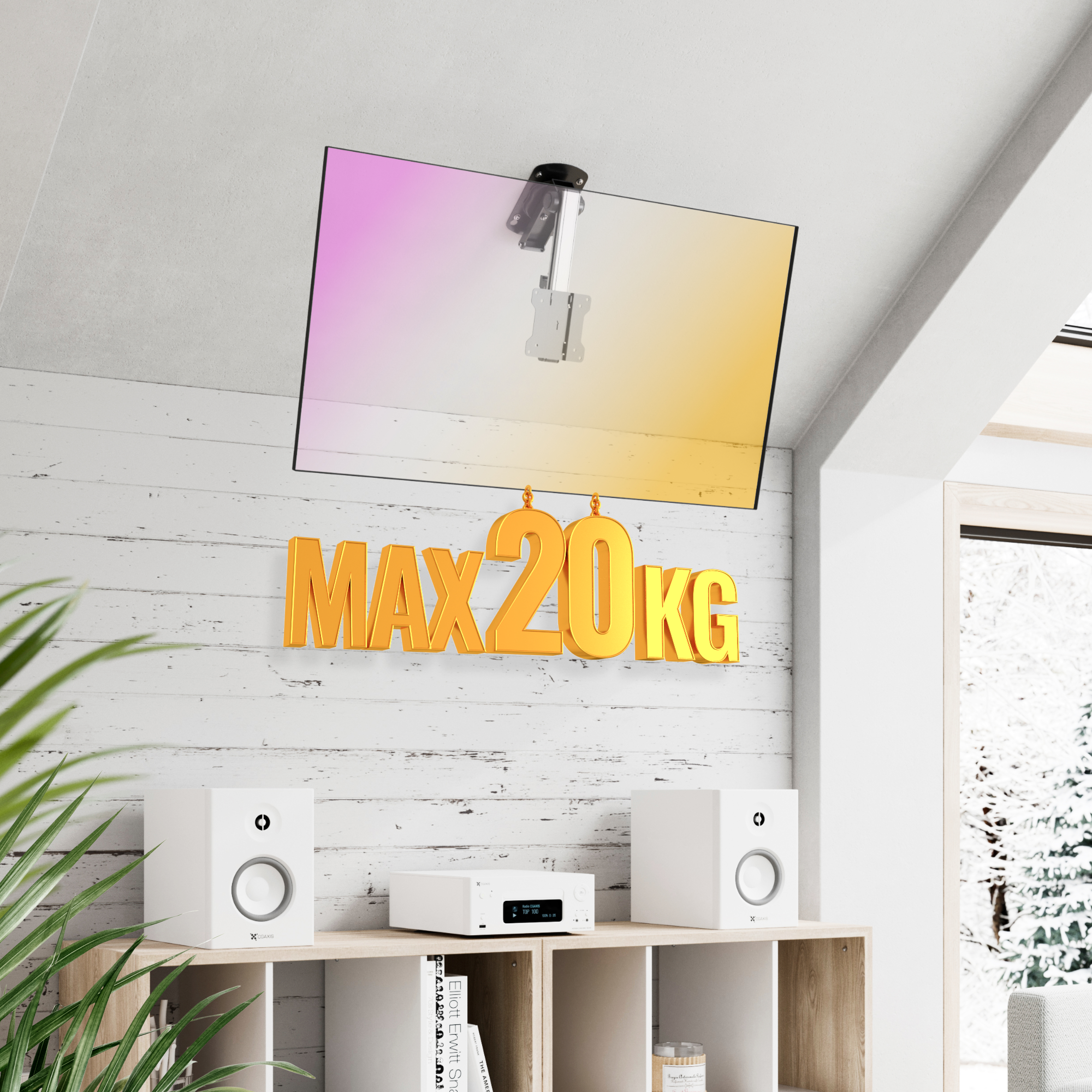 Ein weißes Regal mit Lautsprechern, einem Receiver und Büchern, mit einer Deckenhalterung.