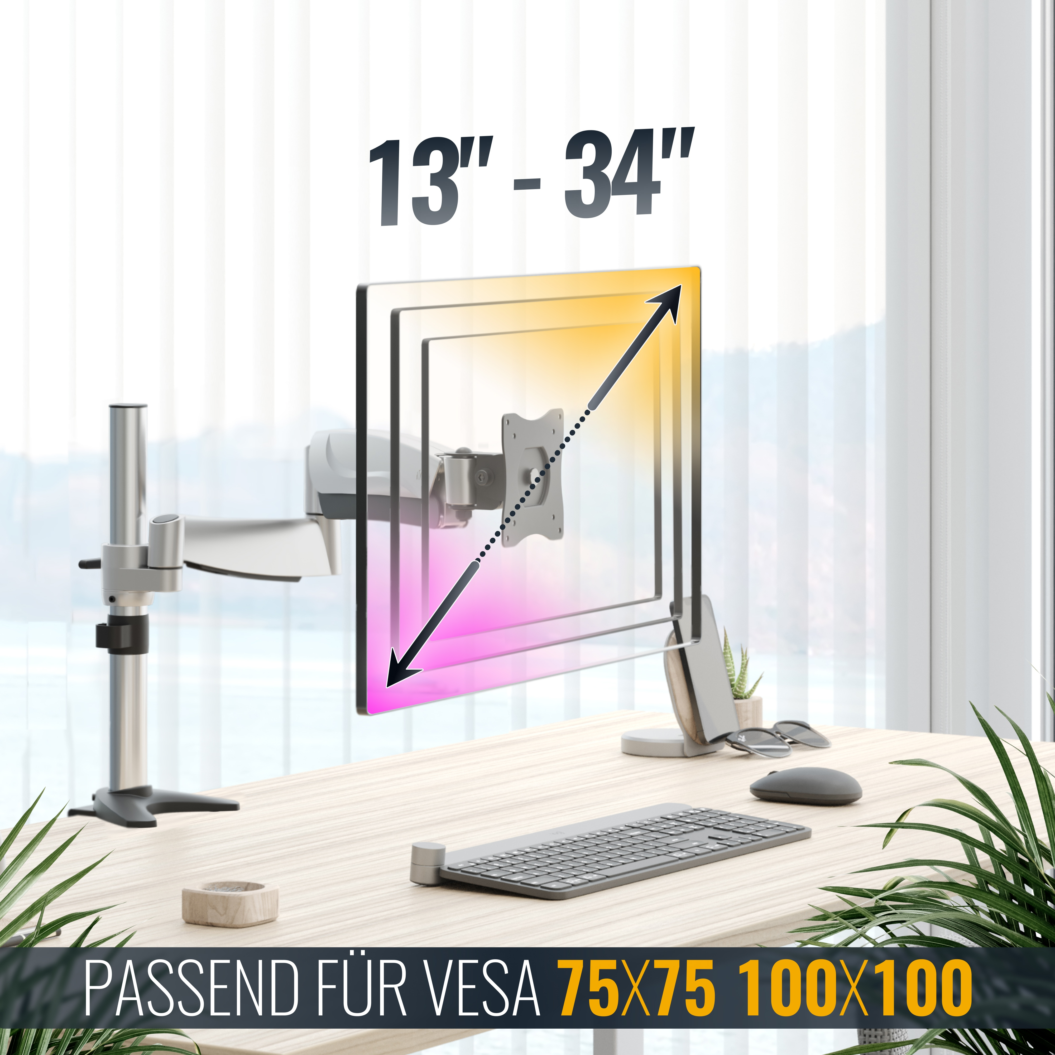 Schreibtisch mit Monitorarm, Tastatur und Maus. Größenangabe 13-34 Zoll.