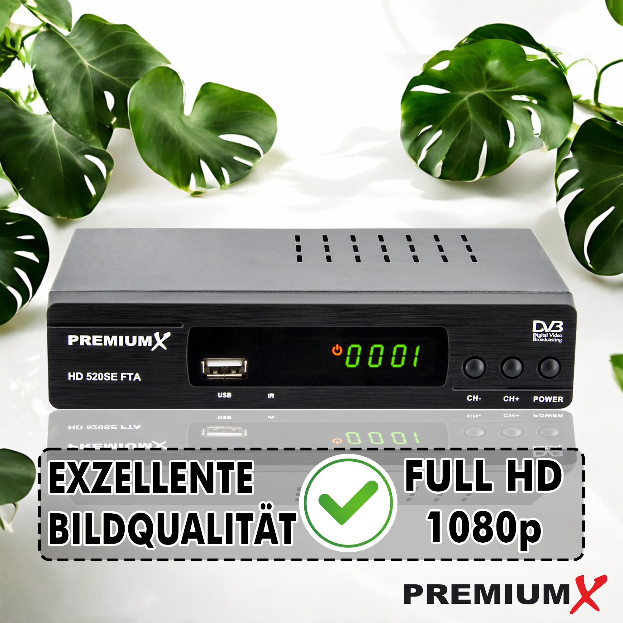 Ein schwarzer PremiumX HD 520SE FTA Receiver mit grünen Zahlen auf Display, umgeben von grünen Blättern.