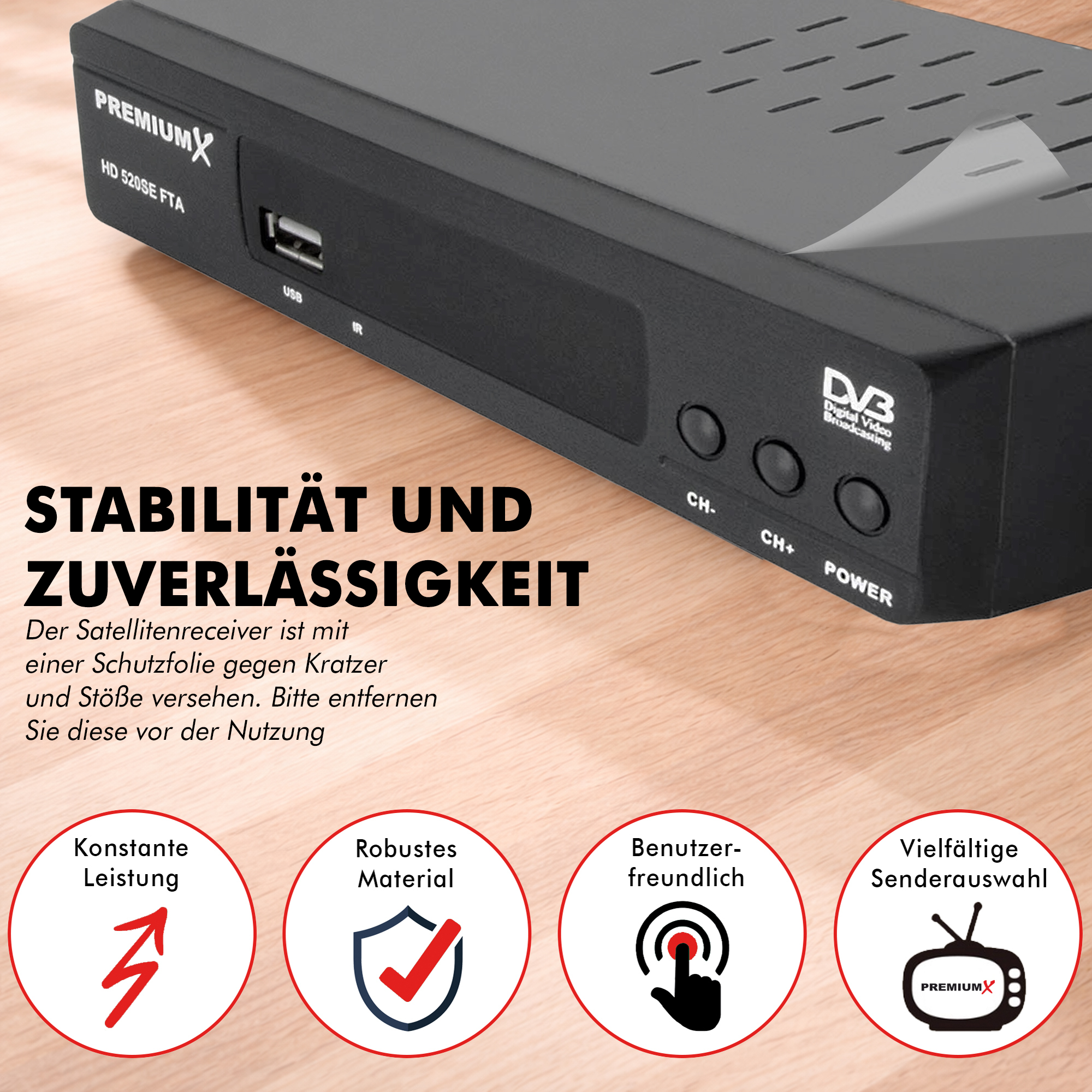 Schwarzer Satellitenreceiver mit Text und Icons für Stabilität, Robustheit, Benutzerfreundlichkeit.