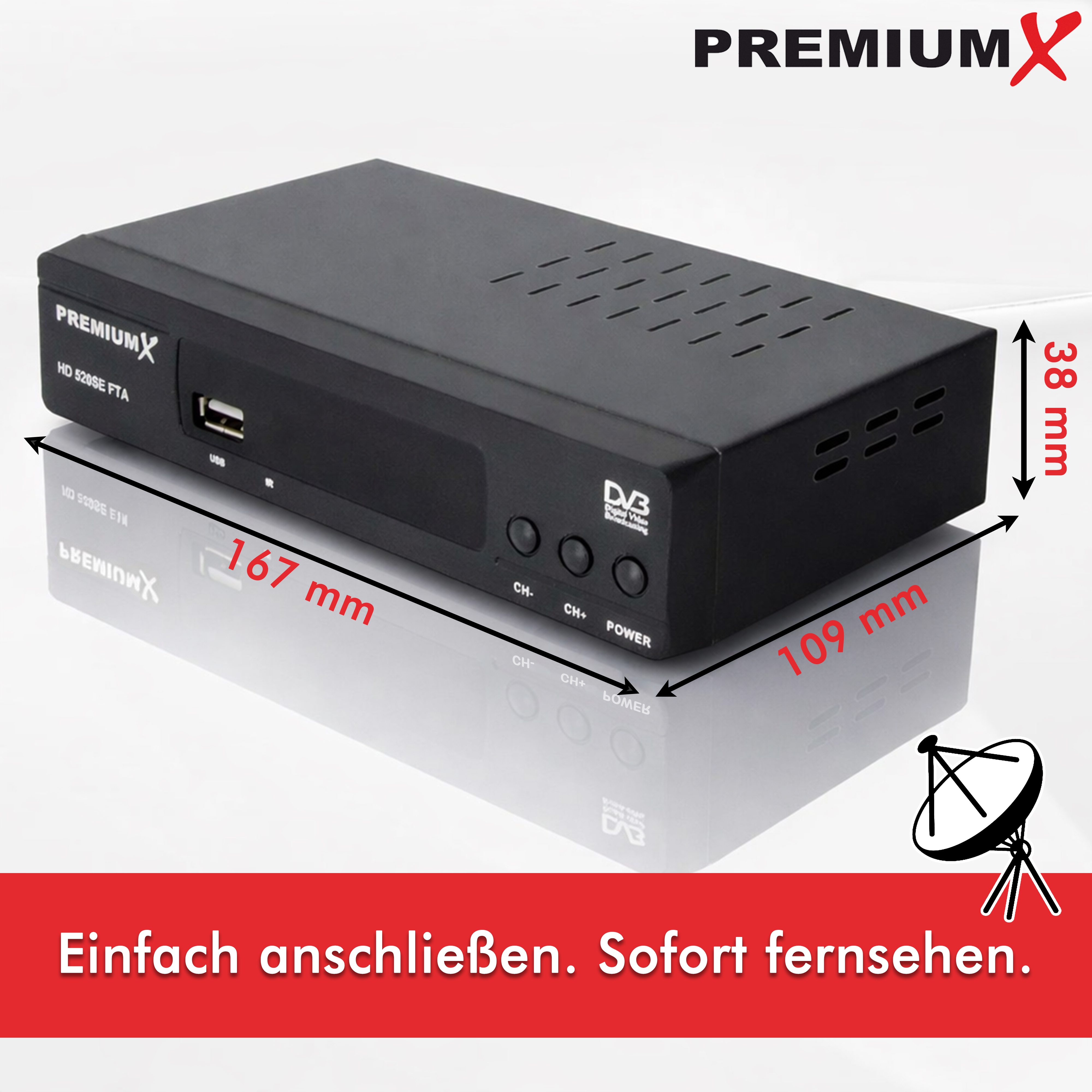 Schwarzer DVB-S-Receiver von PremiumX mit Maßangaben.