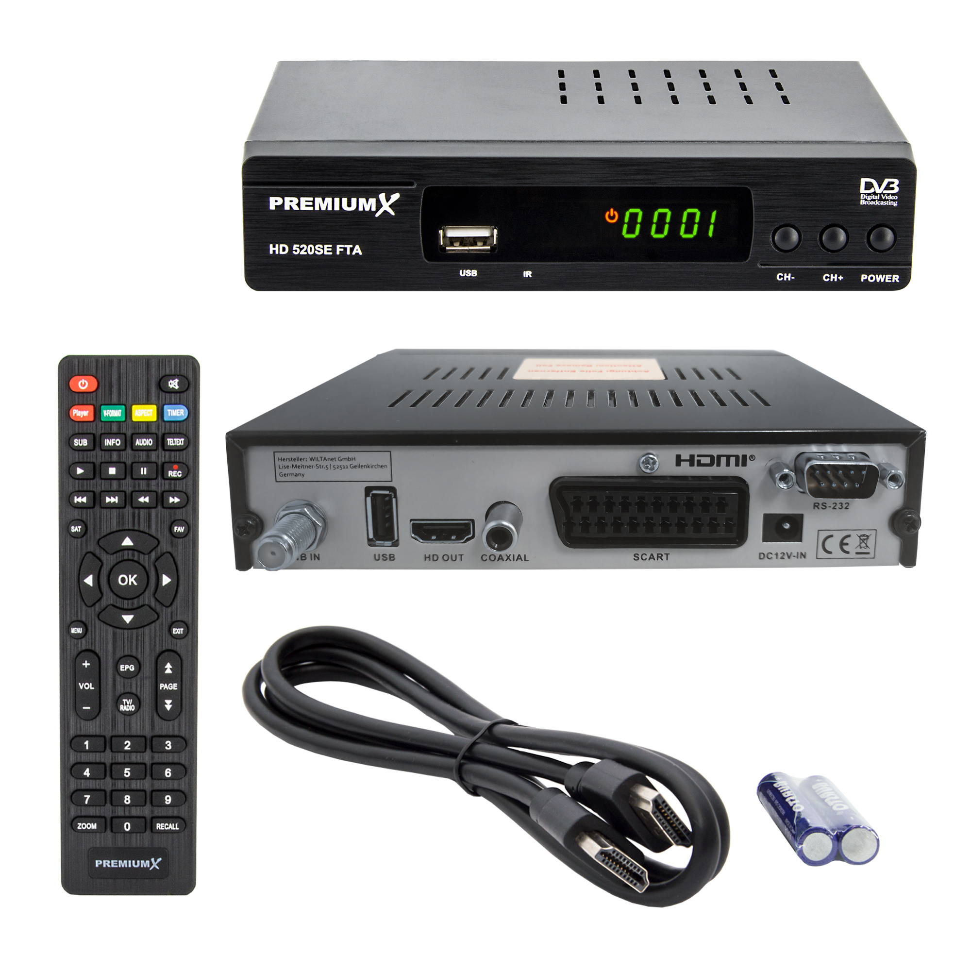 Ein digitaler Receiver mit Fernbedienung, Kabel und Batterien.
