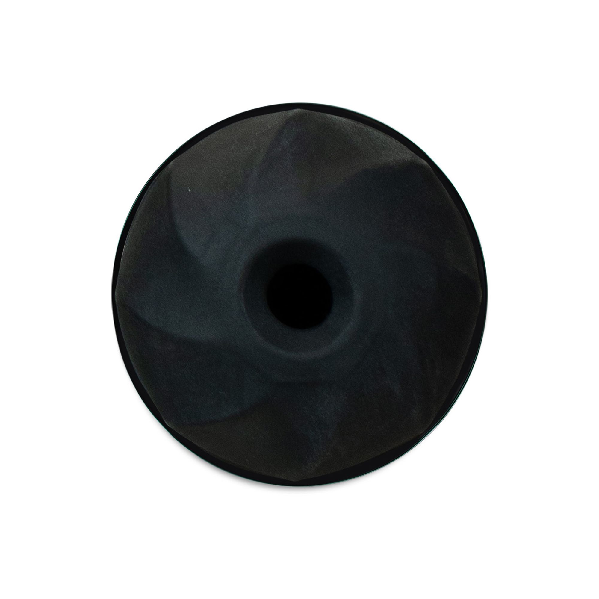 Schwarzer Schallfilter mit zentralem Loch und gewellter Oberfläche.