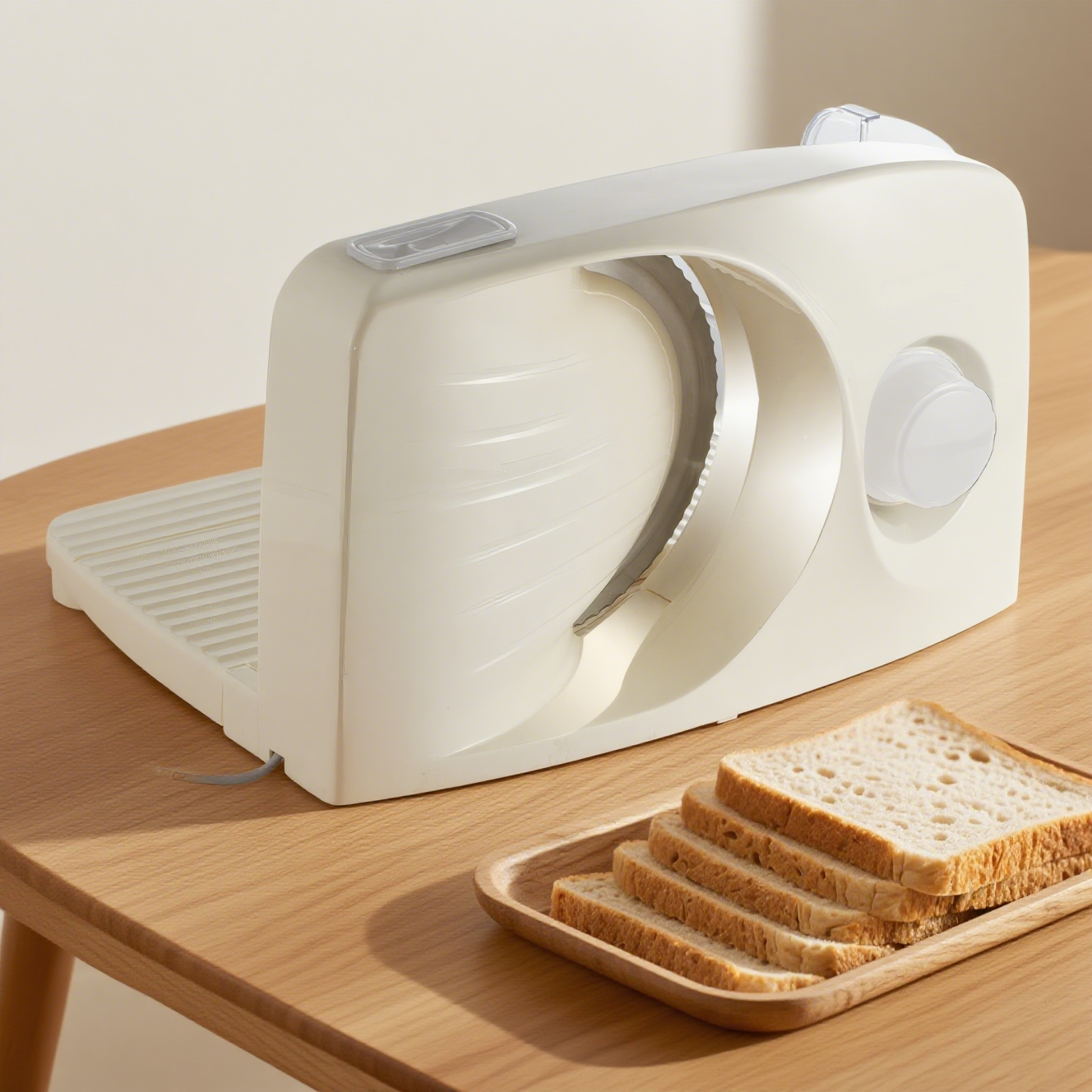Eine weiße Brotschneidemaschine mit einem Teller voller Brotscheiben.