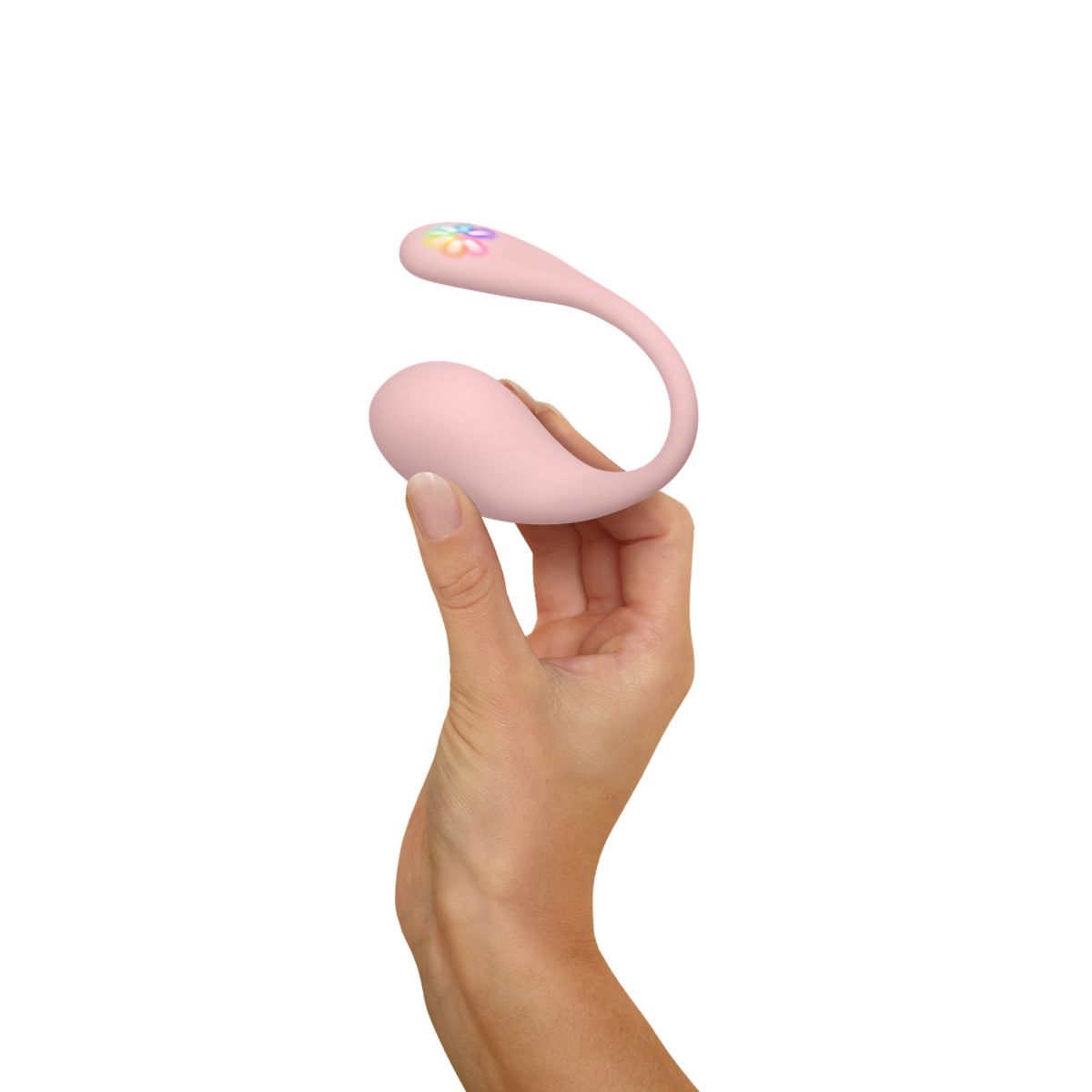 Eine Hand hält einen rosafarbenen Vibrator mit einem bunten Blumenmuster.