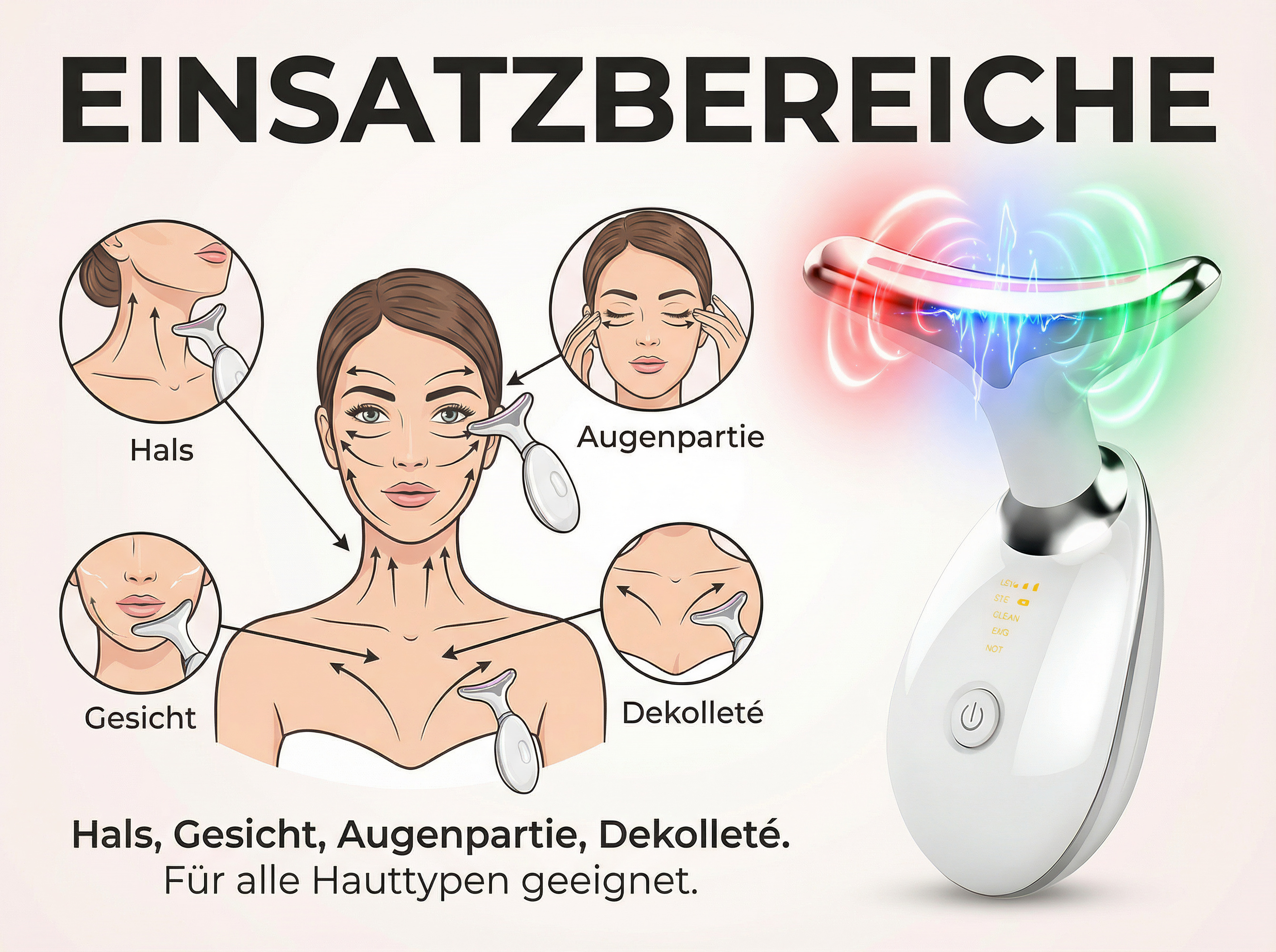 Illustration zeigt Anwendung eines Schönheitsgeräts an Hals, Gesicht und Dekolleté.