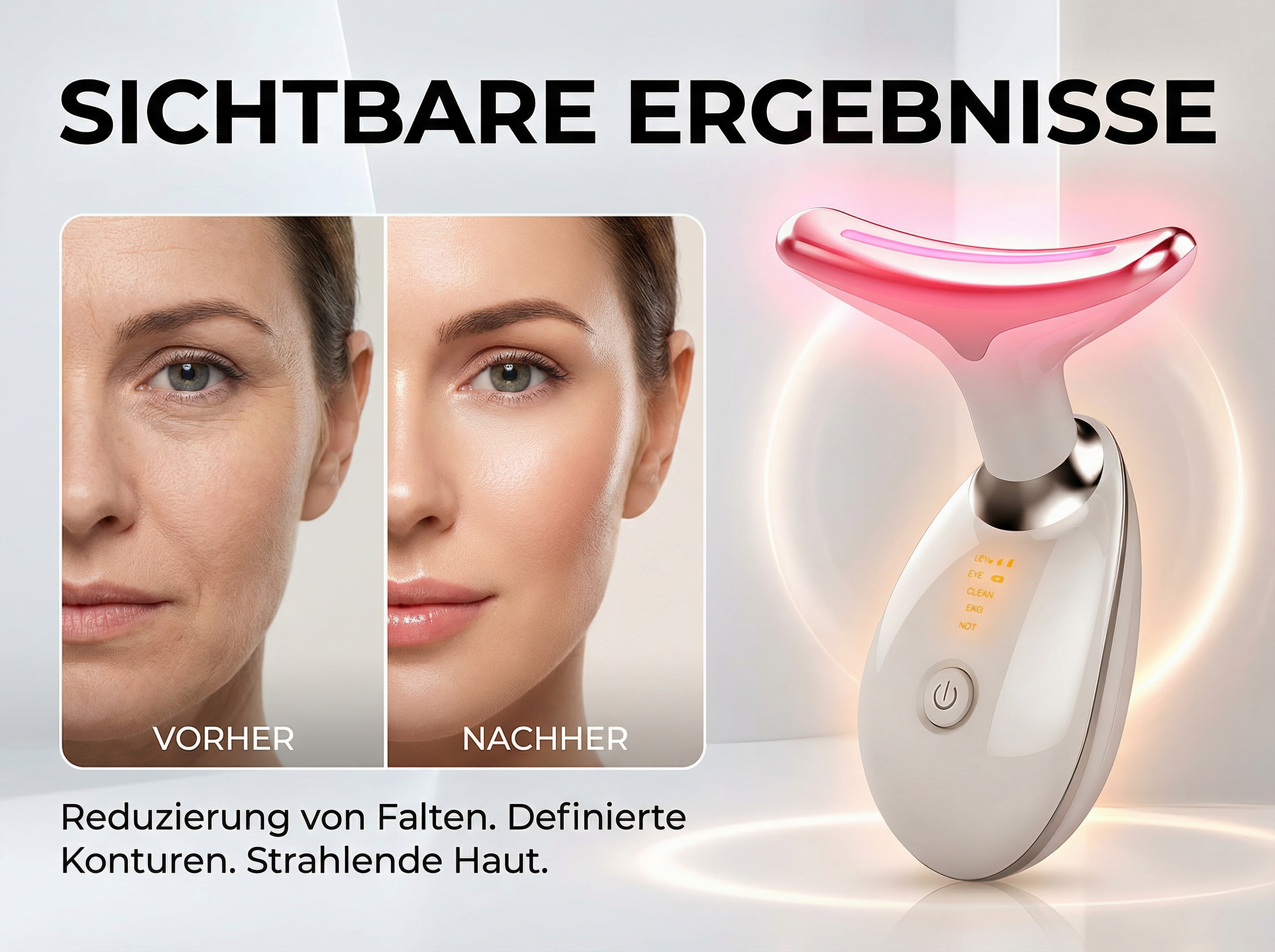 Vorher/Nachher-Vergleich einer Frau und ein Hautpflegegerät.