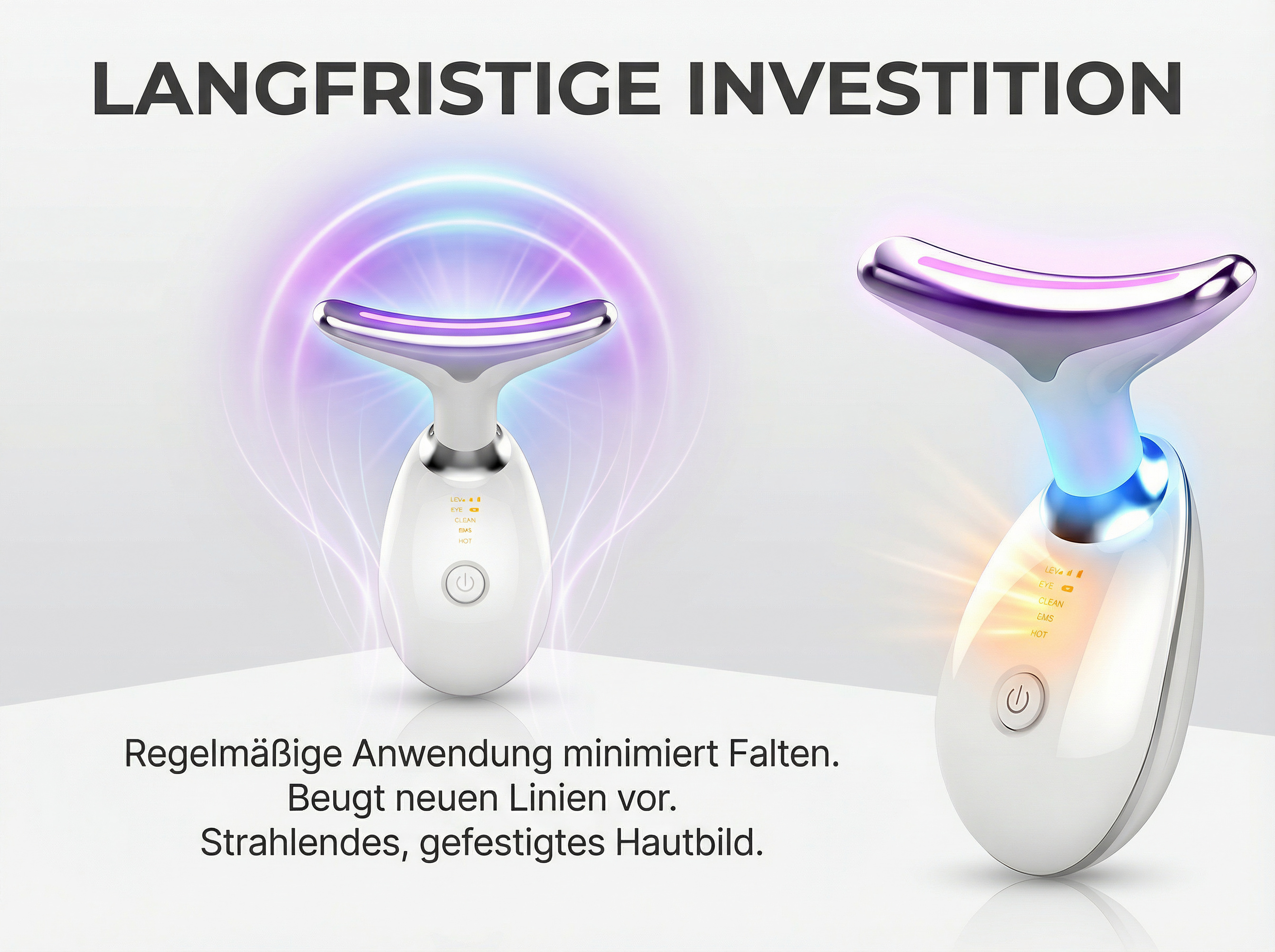 Ein weißes Hautpflegegerät mit blauem und lila Licht.