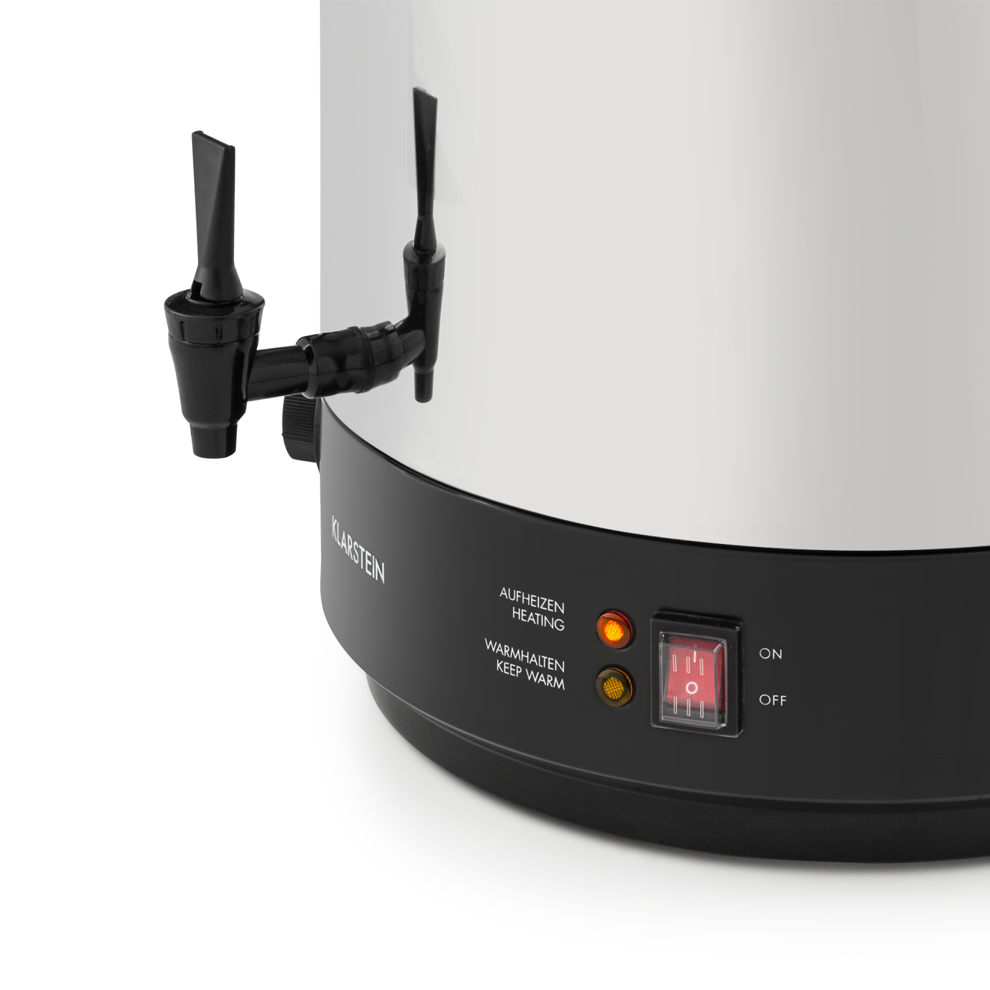 Edelstahl-Wasserkocher mit zwei Zapfhähnen, rotem Schalter und Lämpchen.