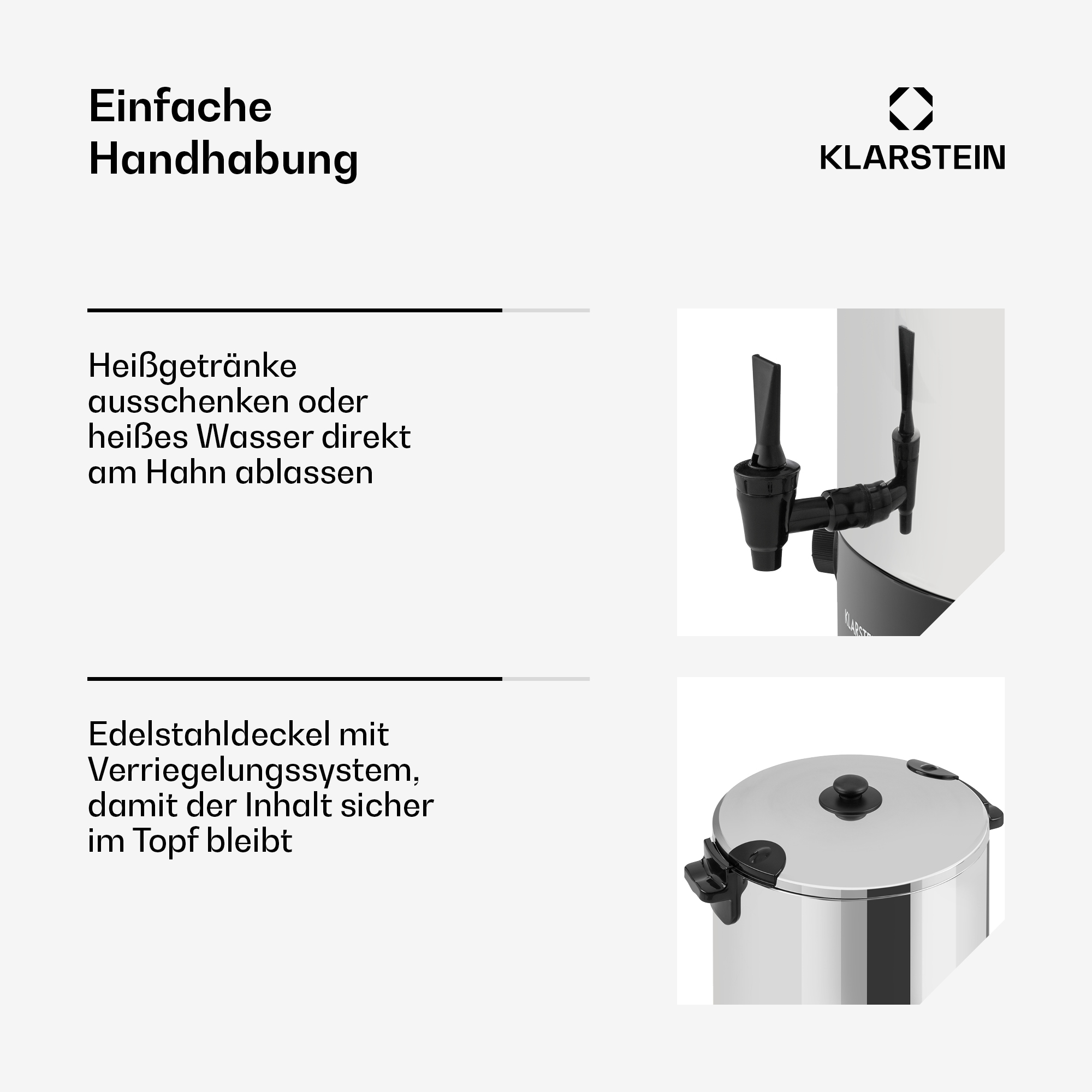 Edelstahlbehälter mit Zapfhahn und Verriegelungsdeckel.