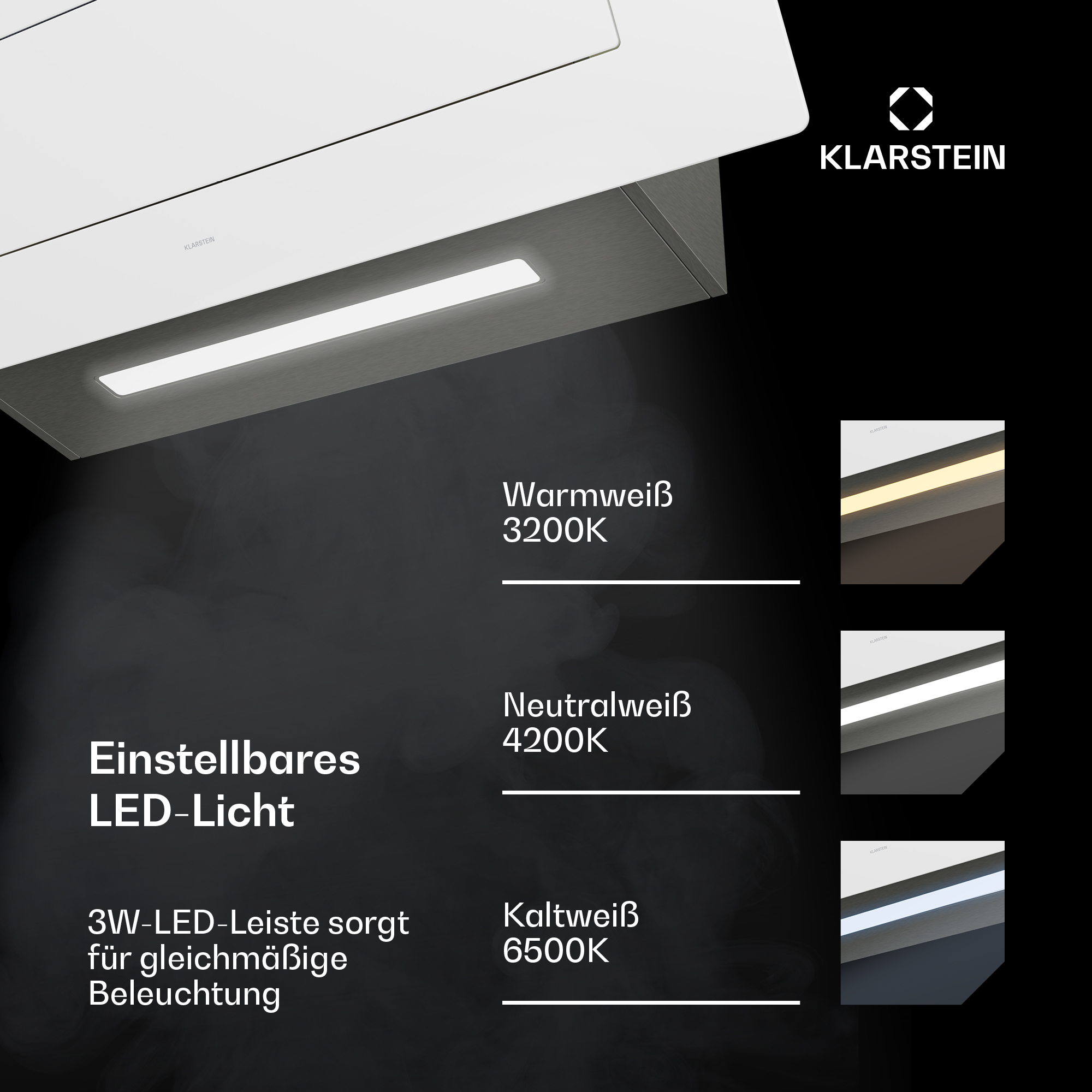 Cappa Klarstein con luce LED regolabile in tre temperature di colore.