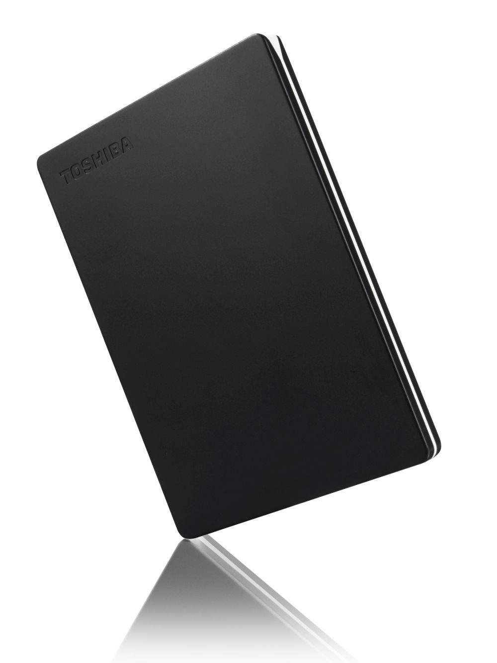 Czarny zewnętrzny dysk twardy Toshiba z białym obrzeżem.