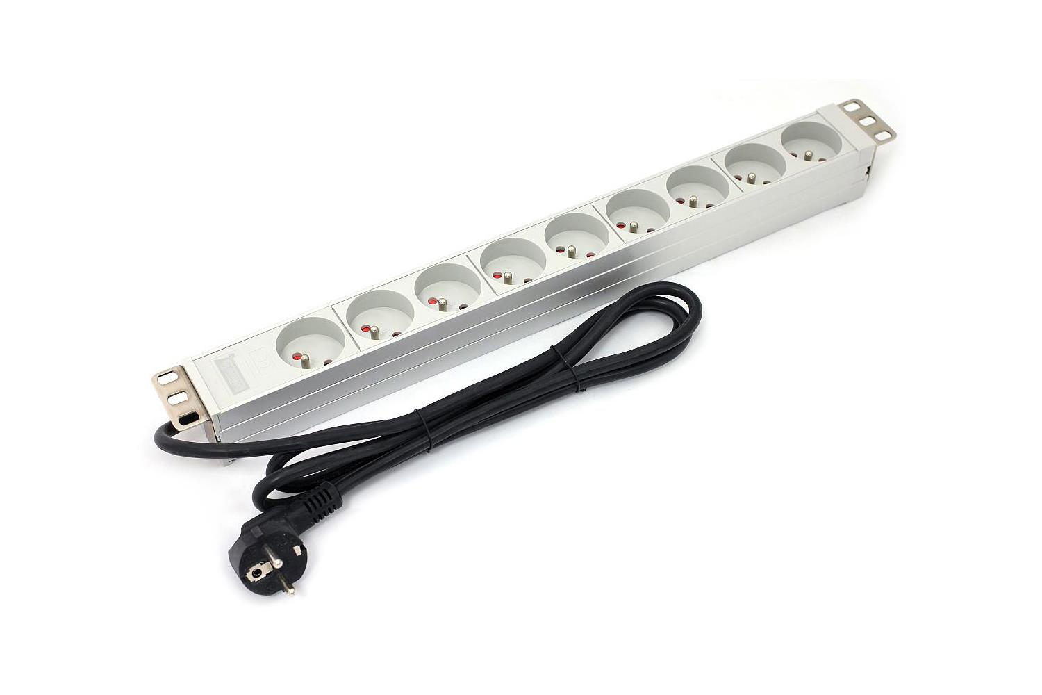 Srebrna listwa zasilająca z ośmioma gniazdami i czarnym kablem.