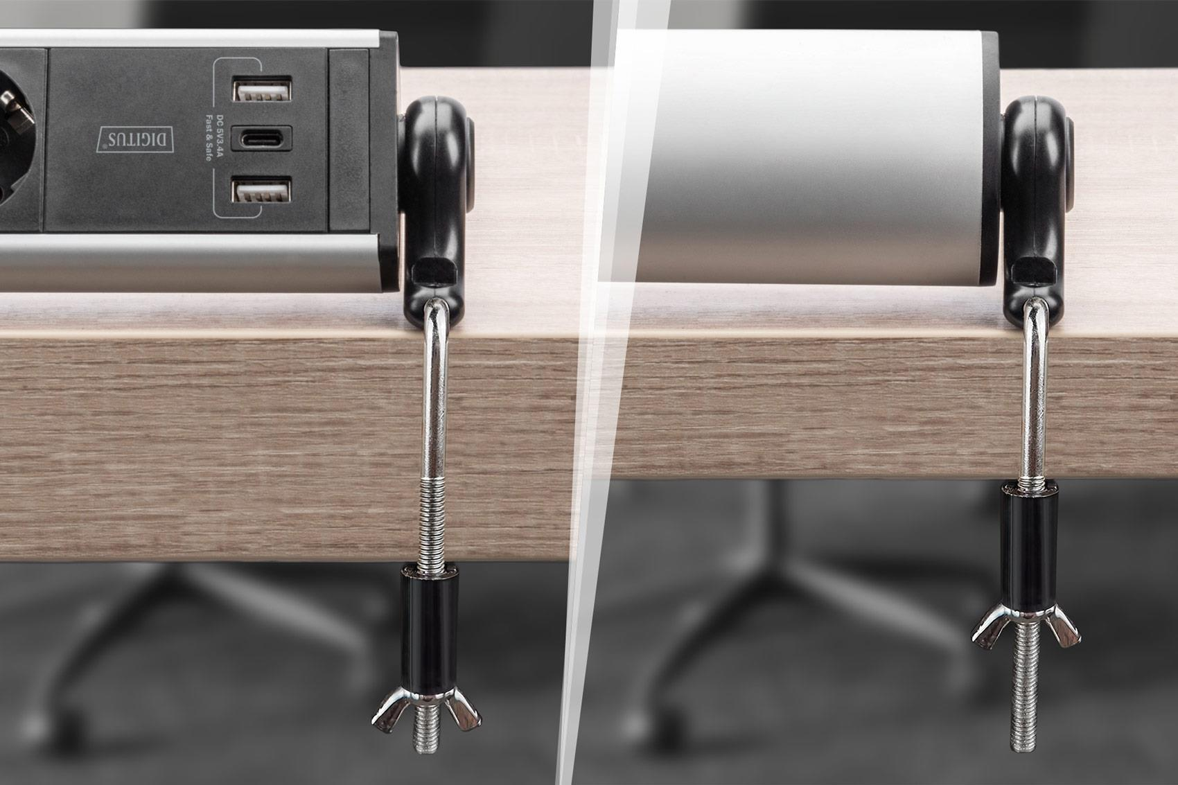 Listwa zasilająca na biurko z portami USB, zamocowana do drewnianego biurka.